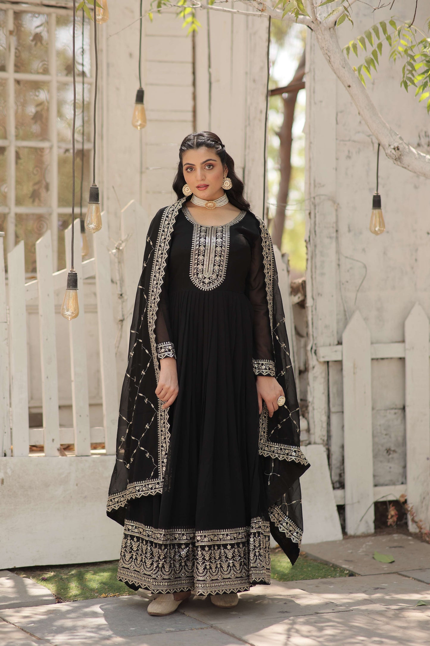 Black Faux Blooming Sequins Embroidered Gown with Matching Dupatta  Festive & Party Wear 2024