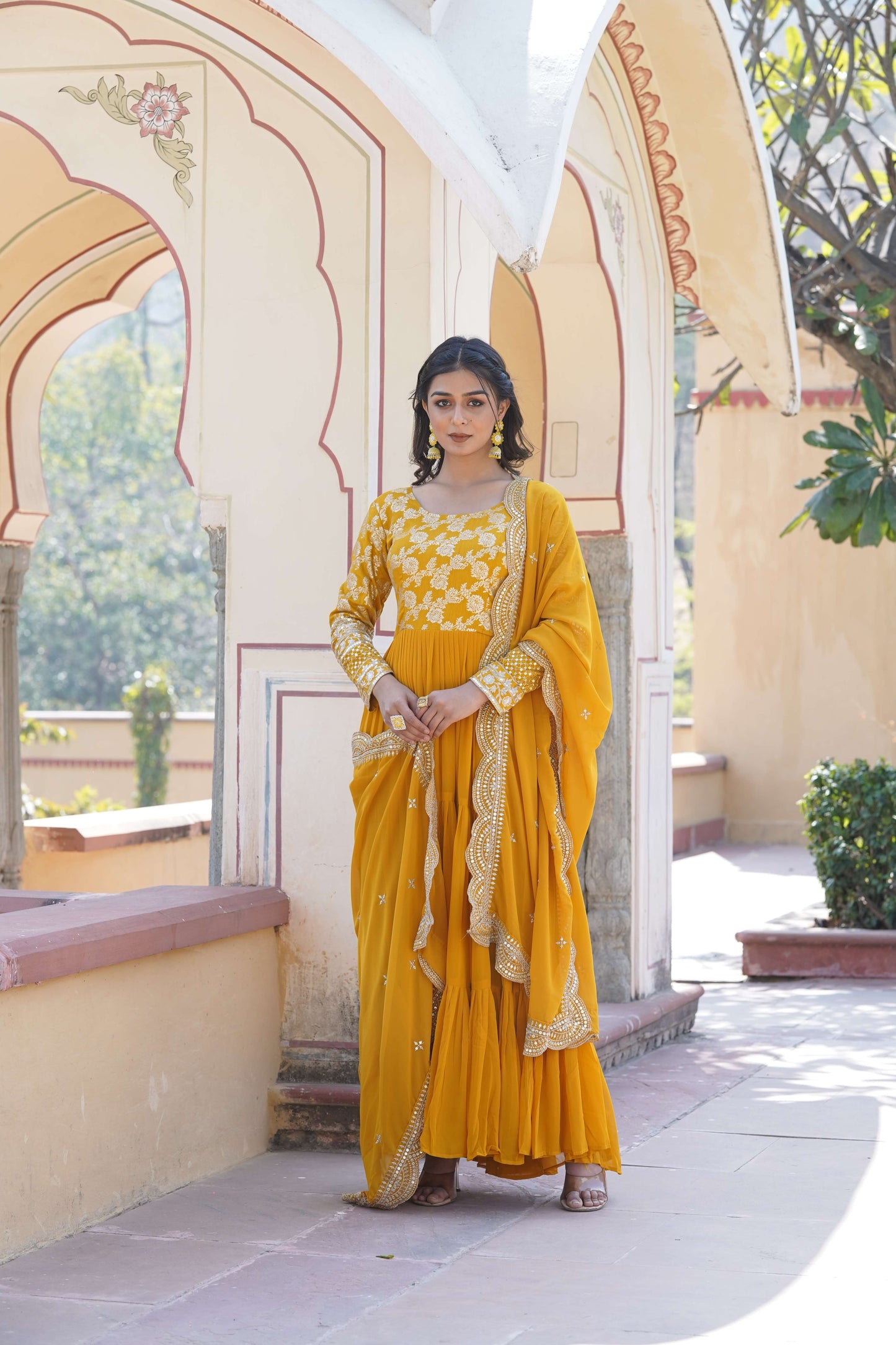 Yellow Faux Blooming Designer Gown with Sequined Dupatta  Elegant Fully Flared Ready-to-Wear Set