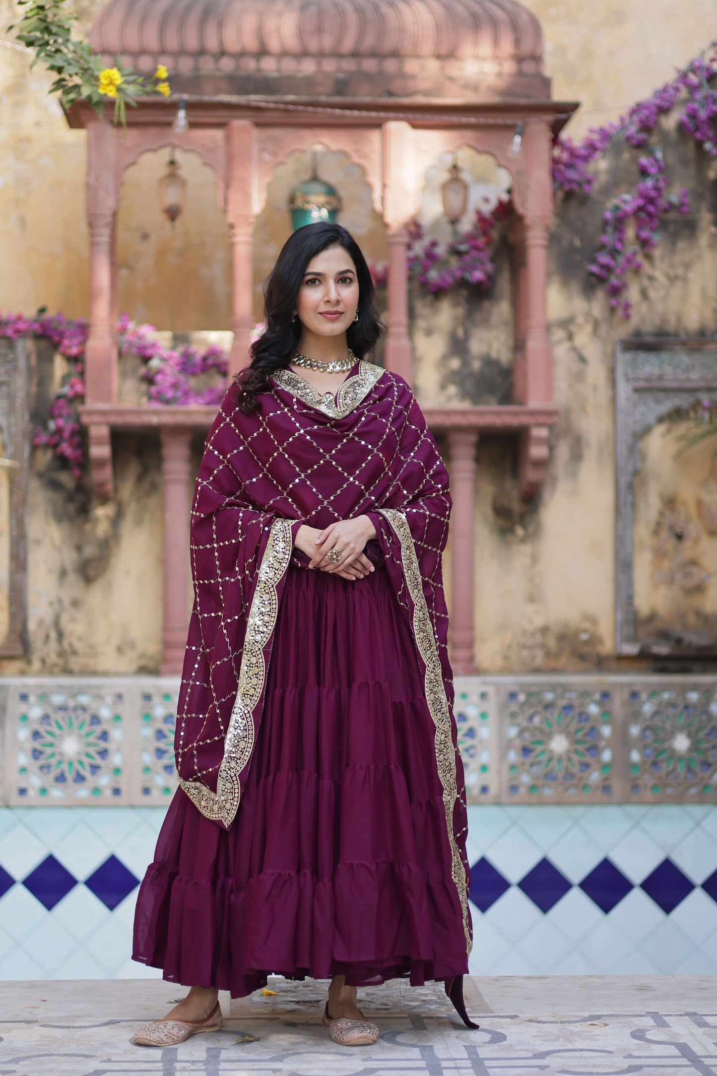 Wine Star Georgette Fully Flared Gown with Sequins Embroidered Dupatta