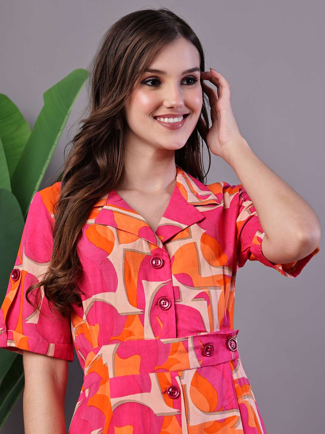 Women's Pink & Orange Abstract Print Cotton Shirt Dress
