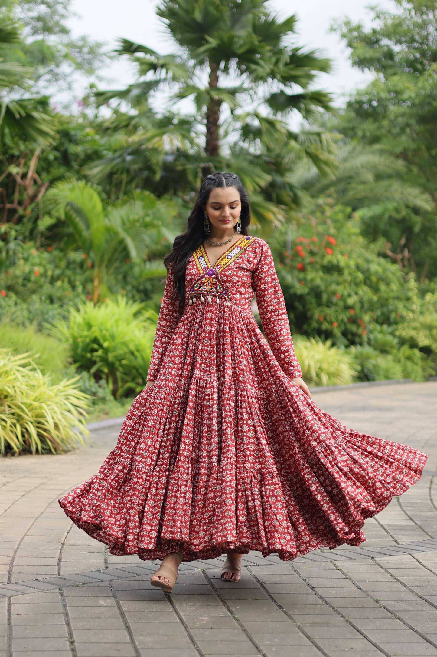Maroon Designer Printed Cotton Gown with Kutchi Gamthi Lace & Kodi Work