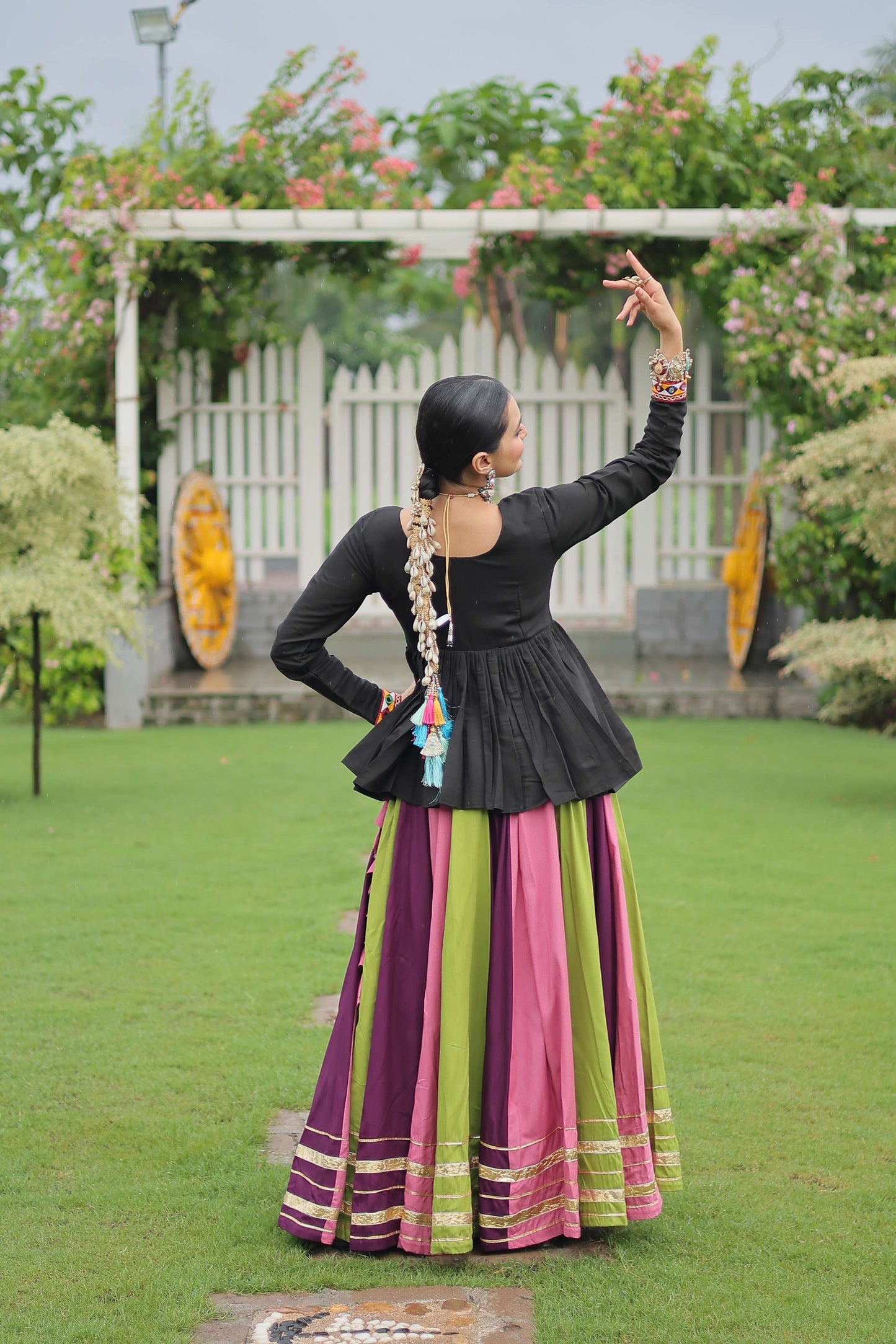 Multicolor Navratri Lehenga Choli Set with Black Peplum Top