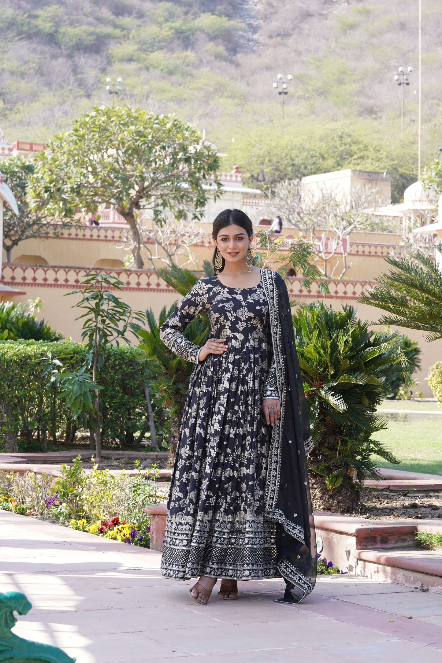 Black Viscose Dyable Jacquard Gown with Russian Silk Sequined Dupatta  Elegant Party & Wedding Set