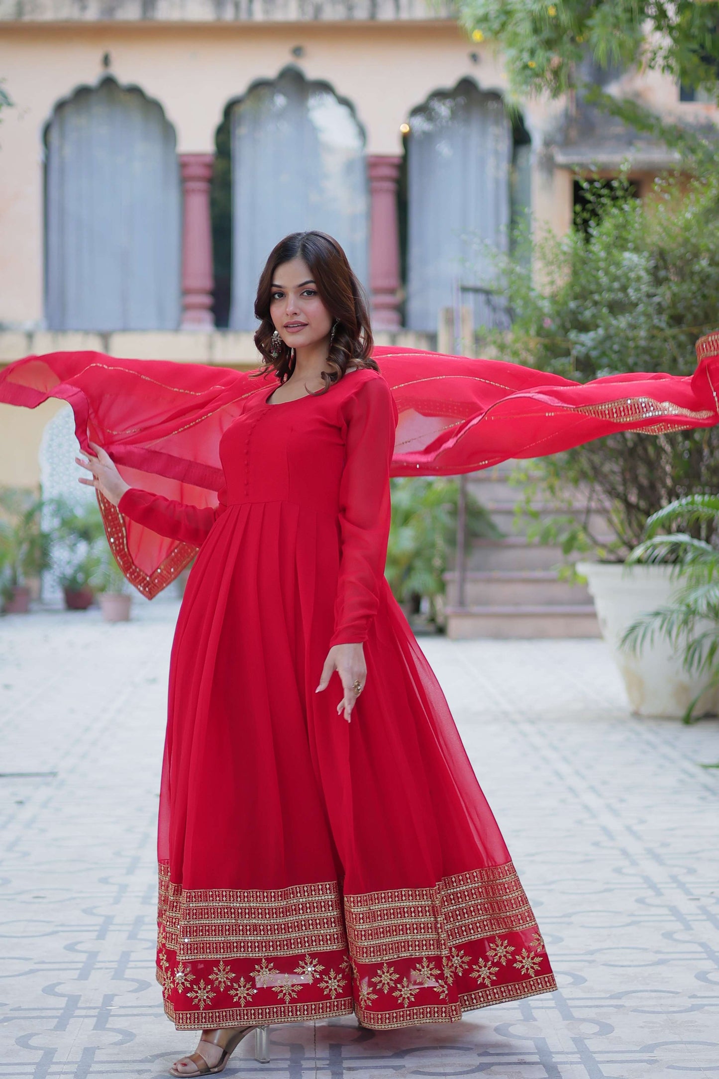 Red Faux Blooming Gown with Multi-Sequins Embroidered Dupatta