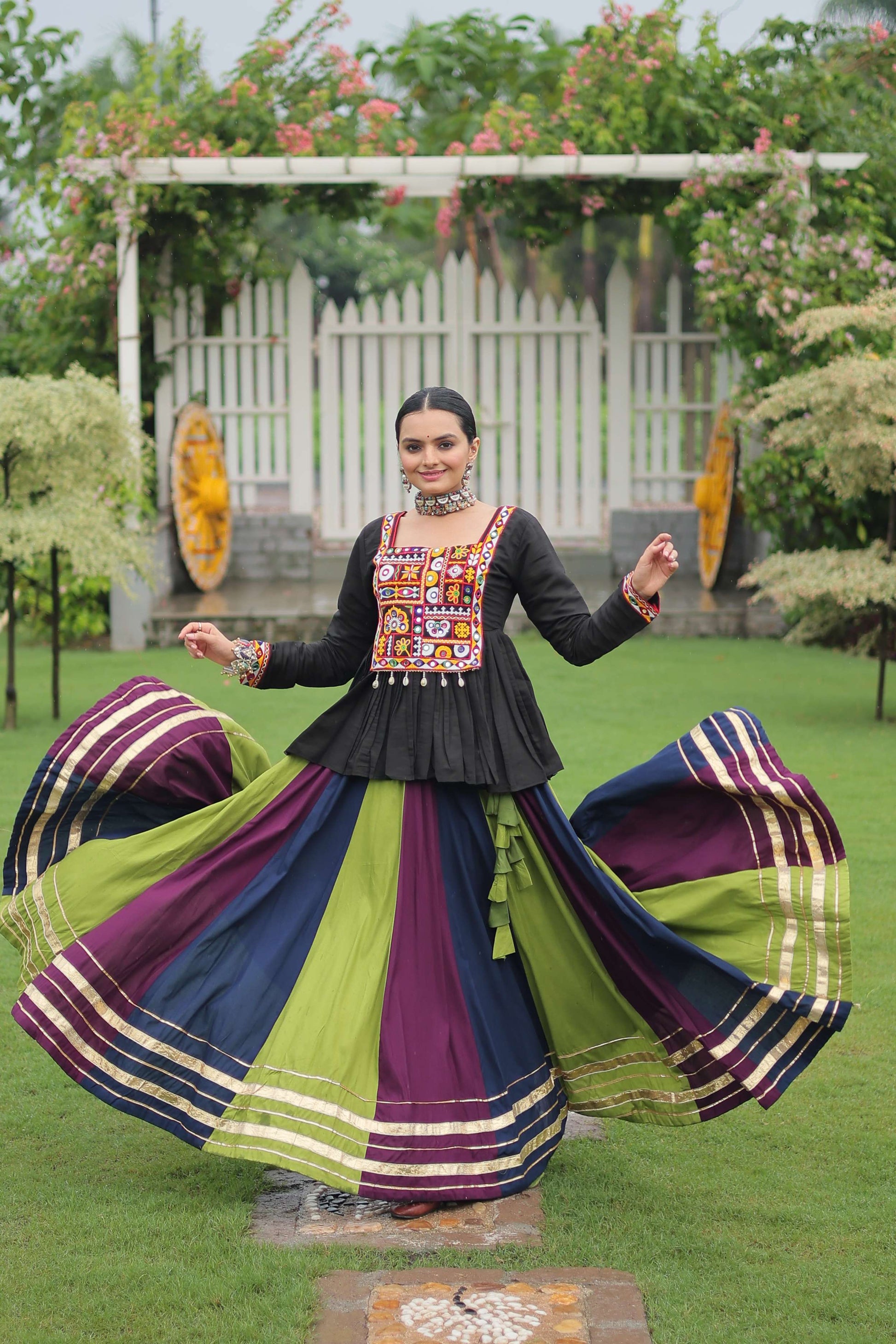 Multicolor Navratri Lehenga Choli Set with Black Peplum Top