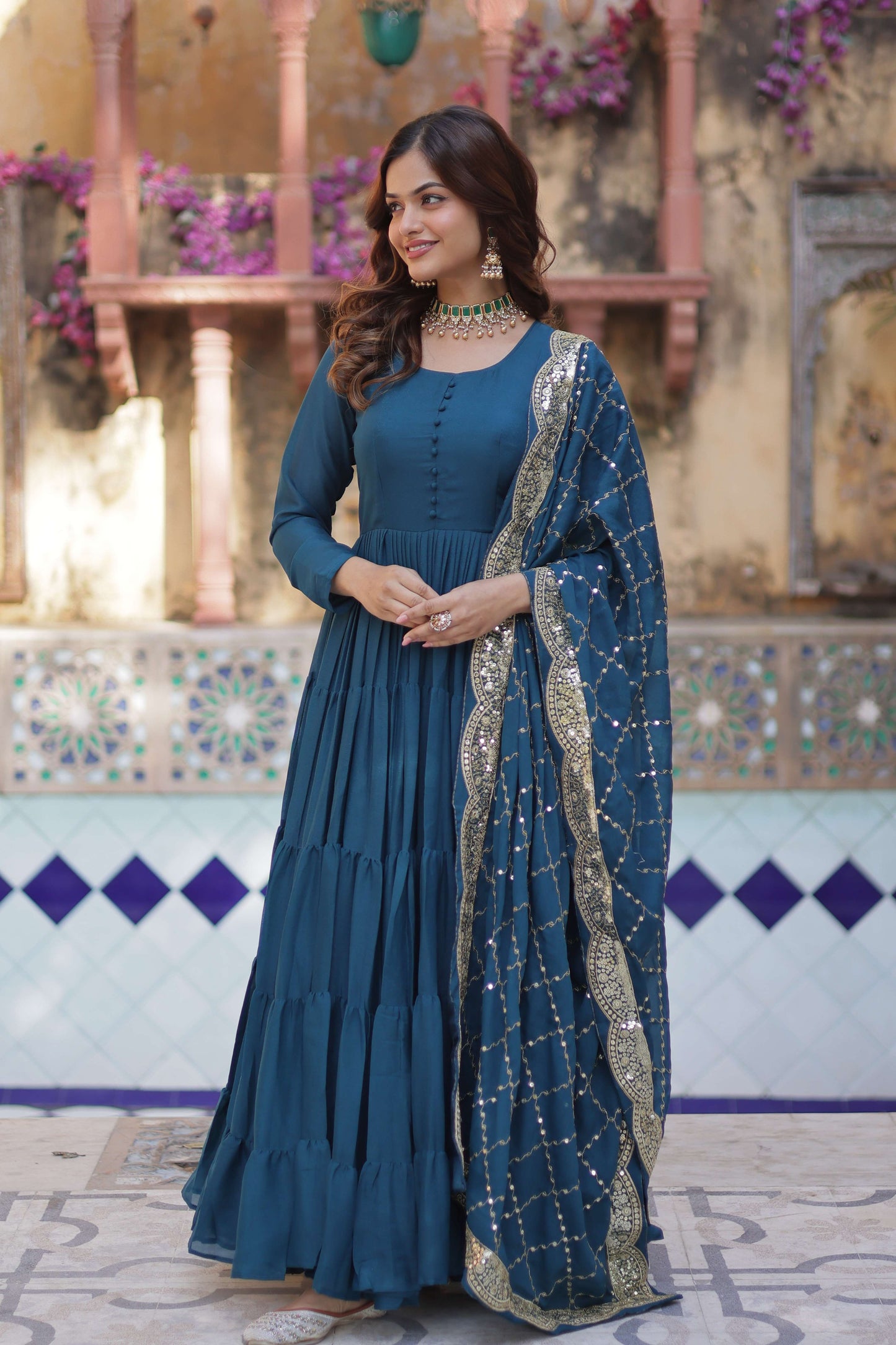 Rama Star Georgette Fully Flared Gown with Sequins Embroidered Dupatta