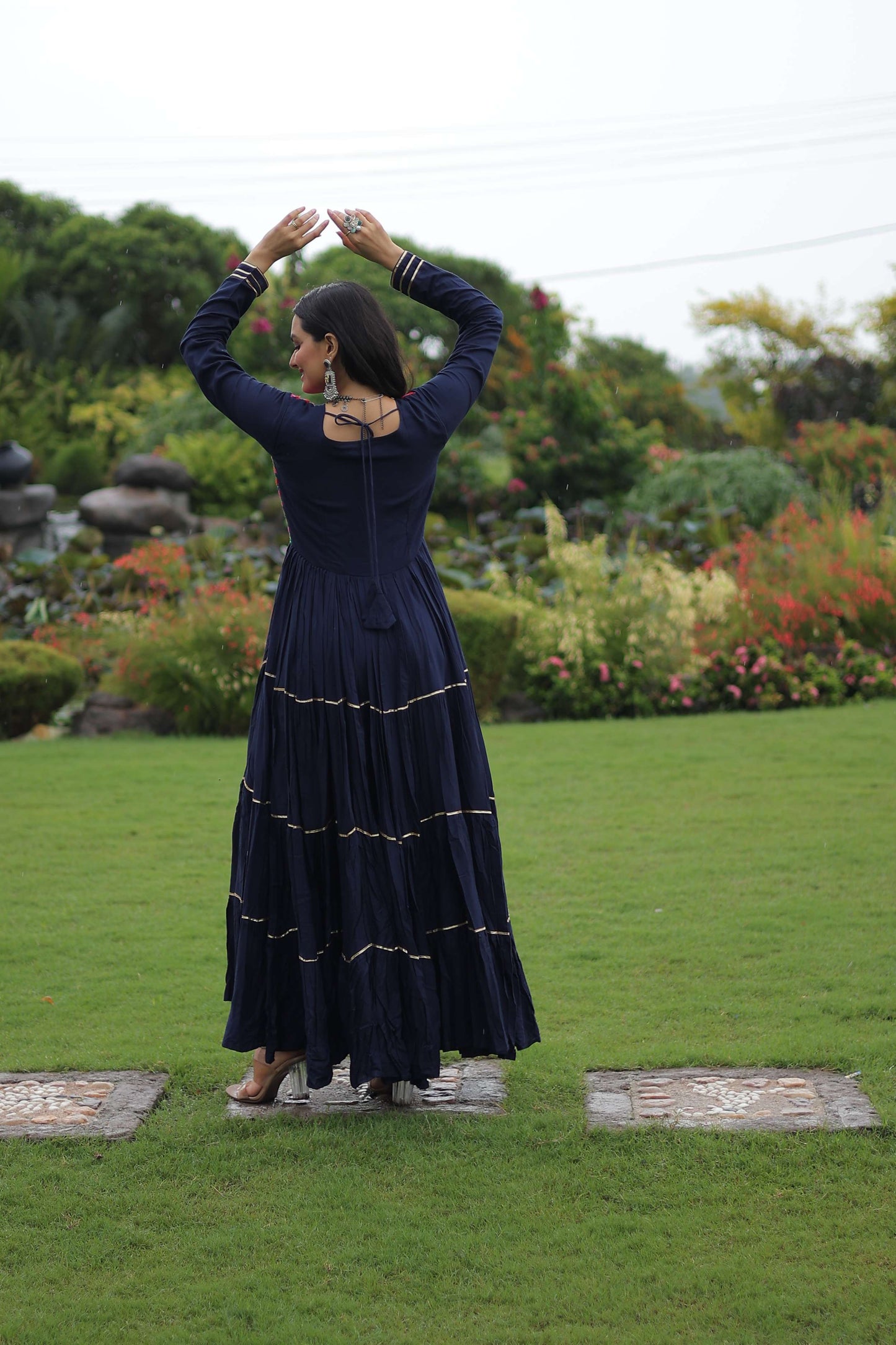 Navy-Blue Premium Navratri Gown with Kutchi Gamthi Embroidery, Mirror Work & Frill Detailing – Elegant Ethnic Wear for Women