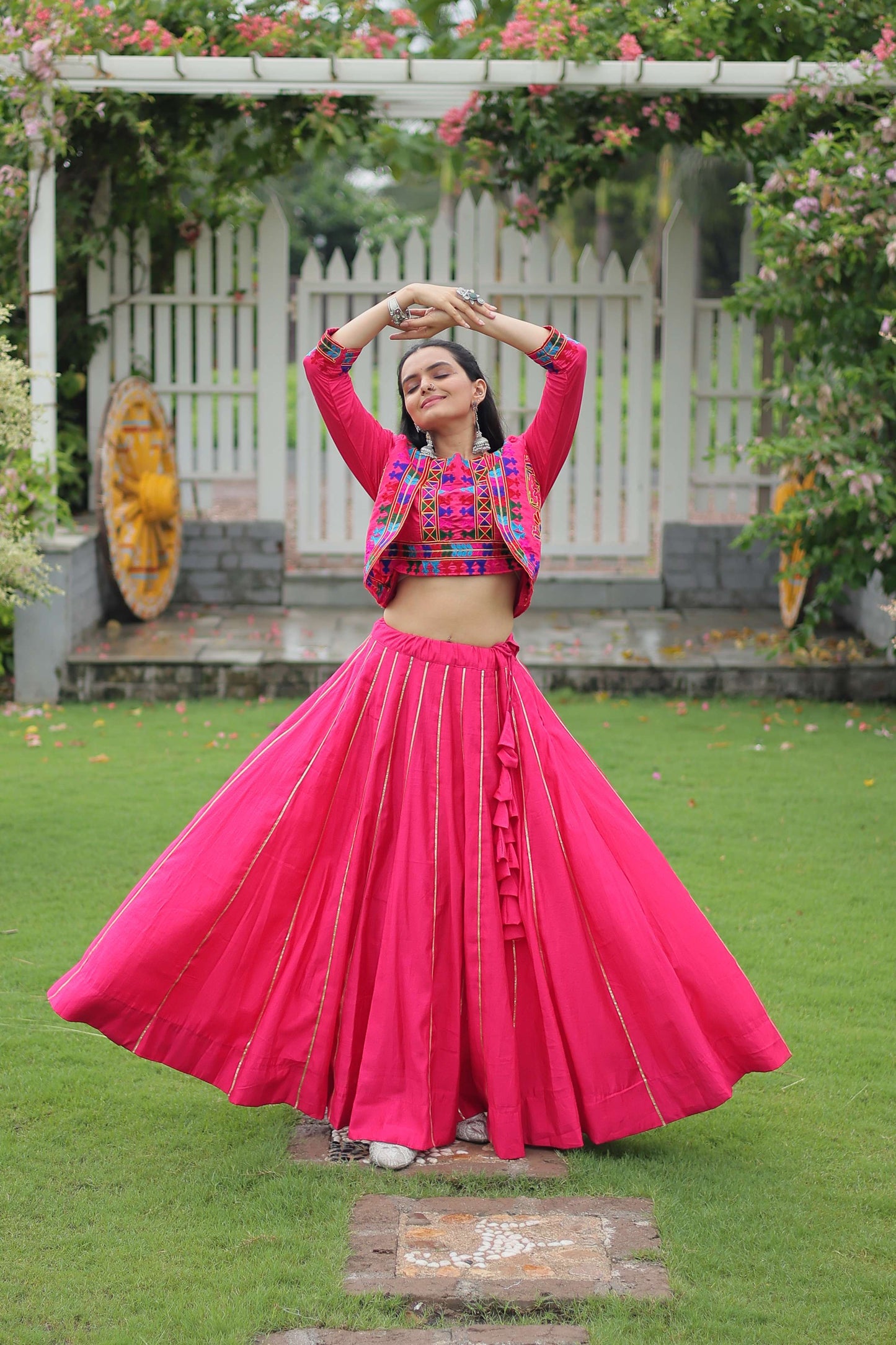 Vibrant Roman Fabric Navratri Lehenga Choli Set with Koti Blouse