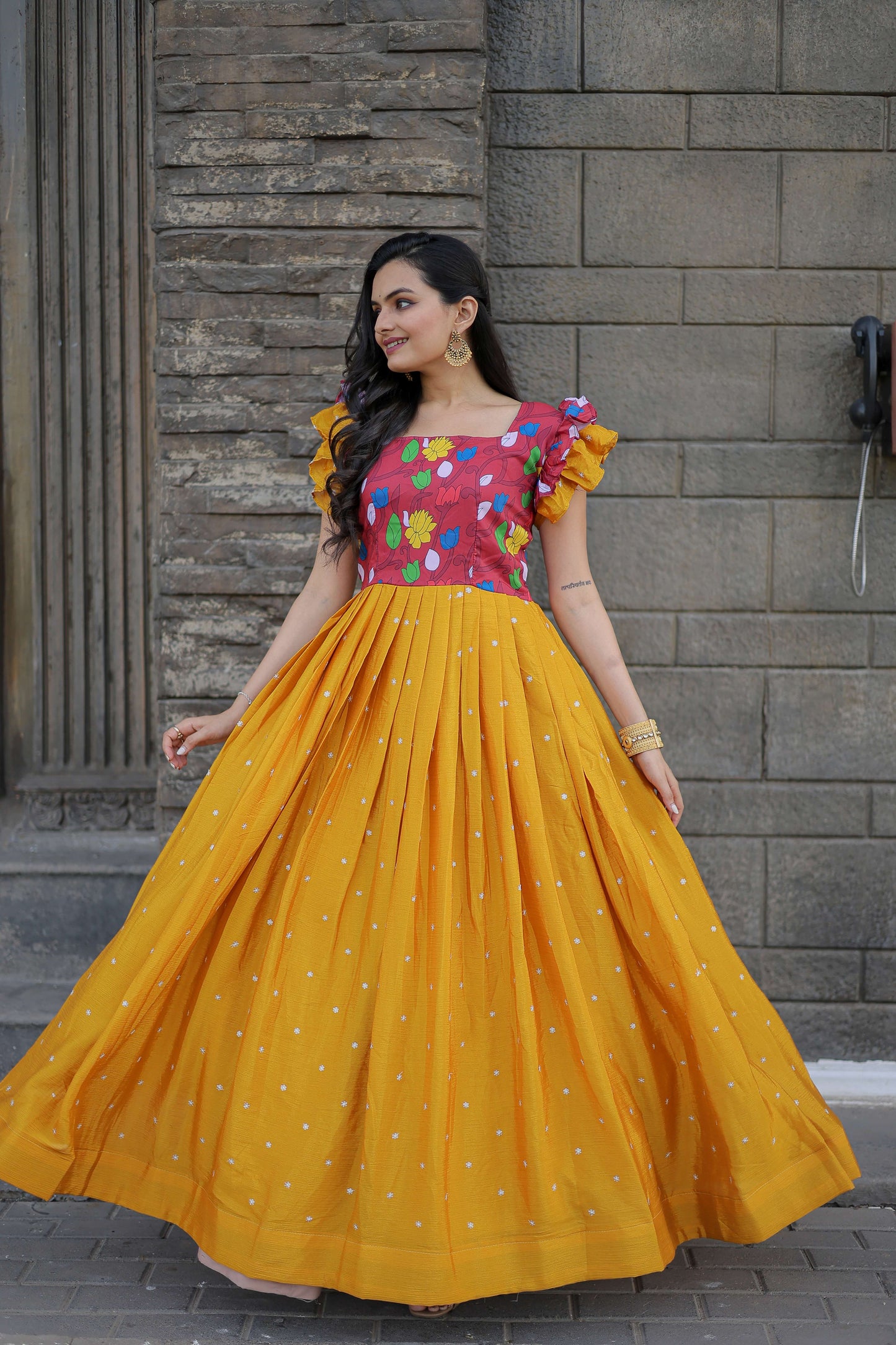 Yellow Maslin & Chinon Designer Gown with Embroidery  Elegant Ready-to-Wear Womens Dress