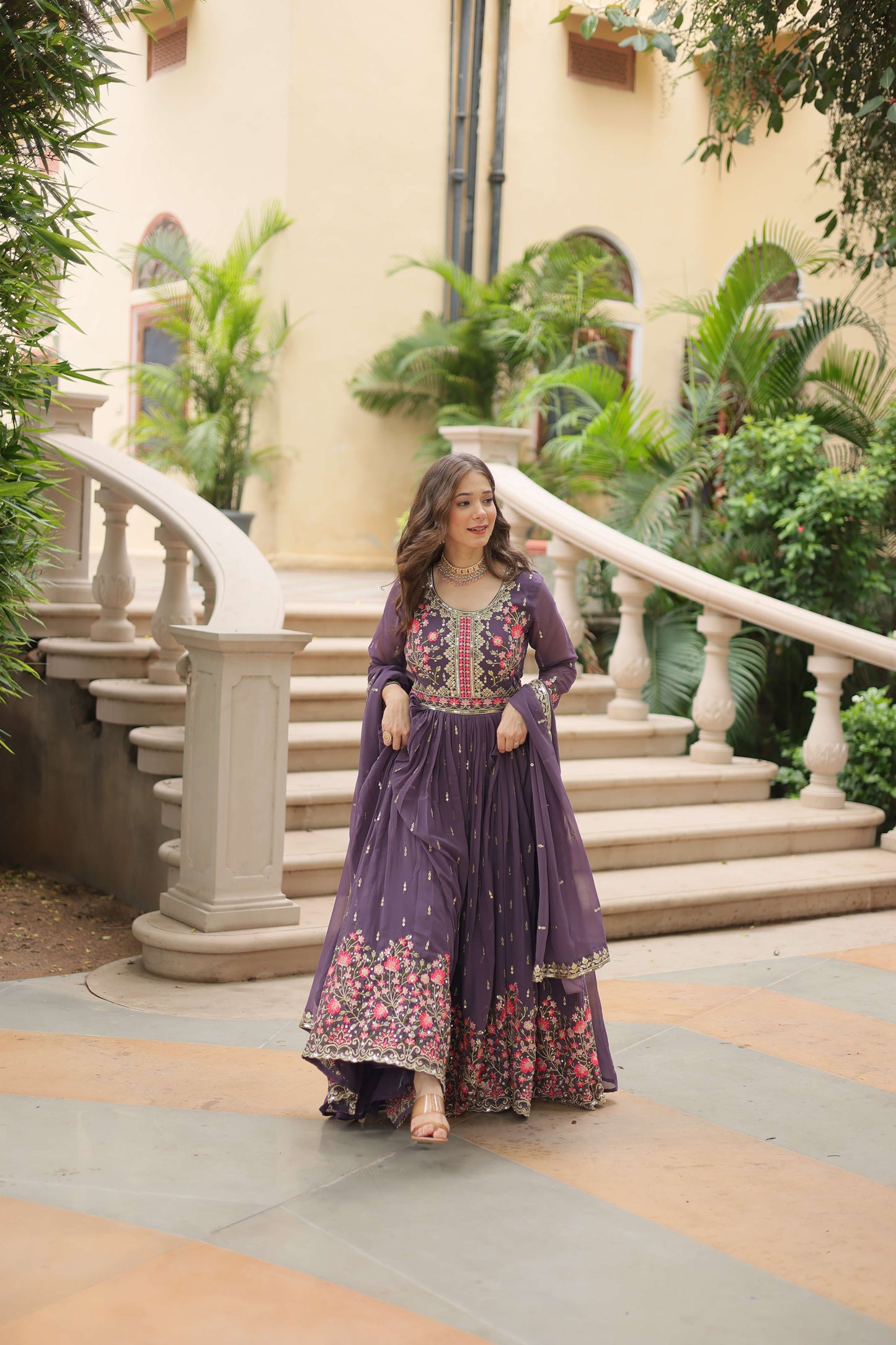 Onion Faux Georgette Sequins Embroidered Kurti with Sharara & Dupatta Set