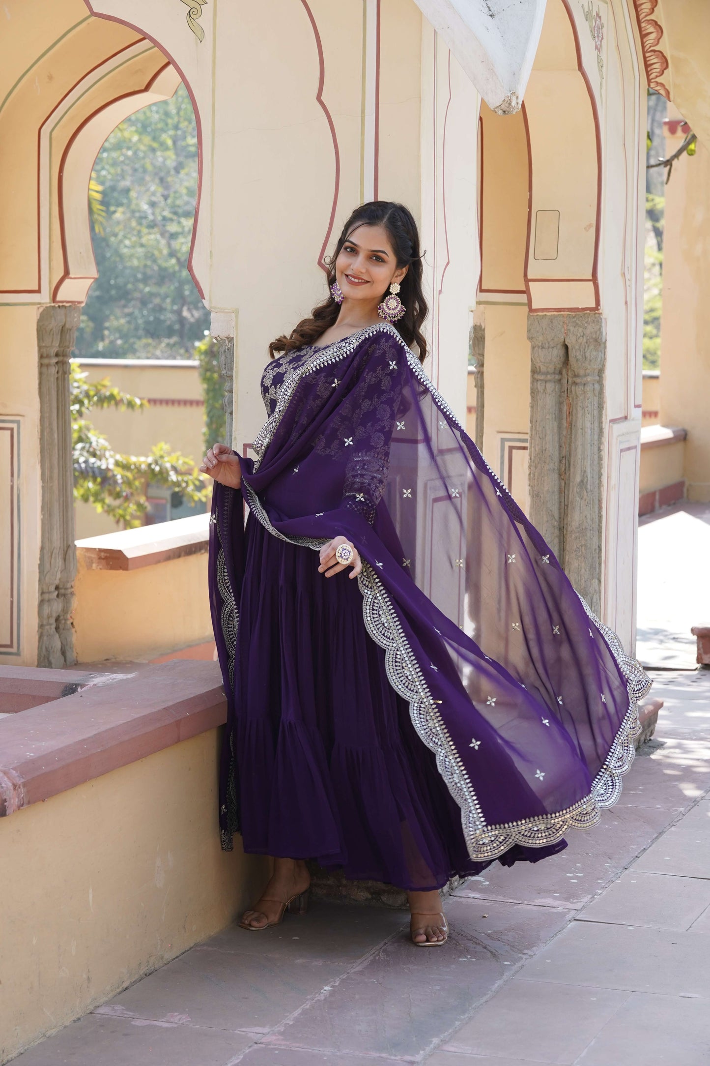 Purple Faux Blooming Designer Gown with Sequined Dupatta  Elegant Fully Flared Ready-to-Wear Set
