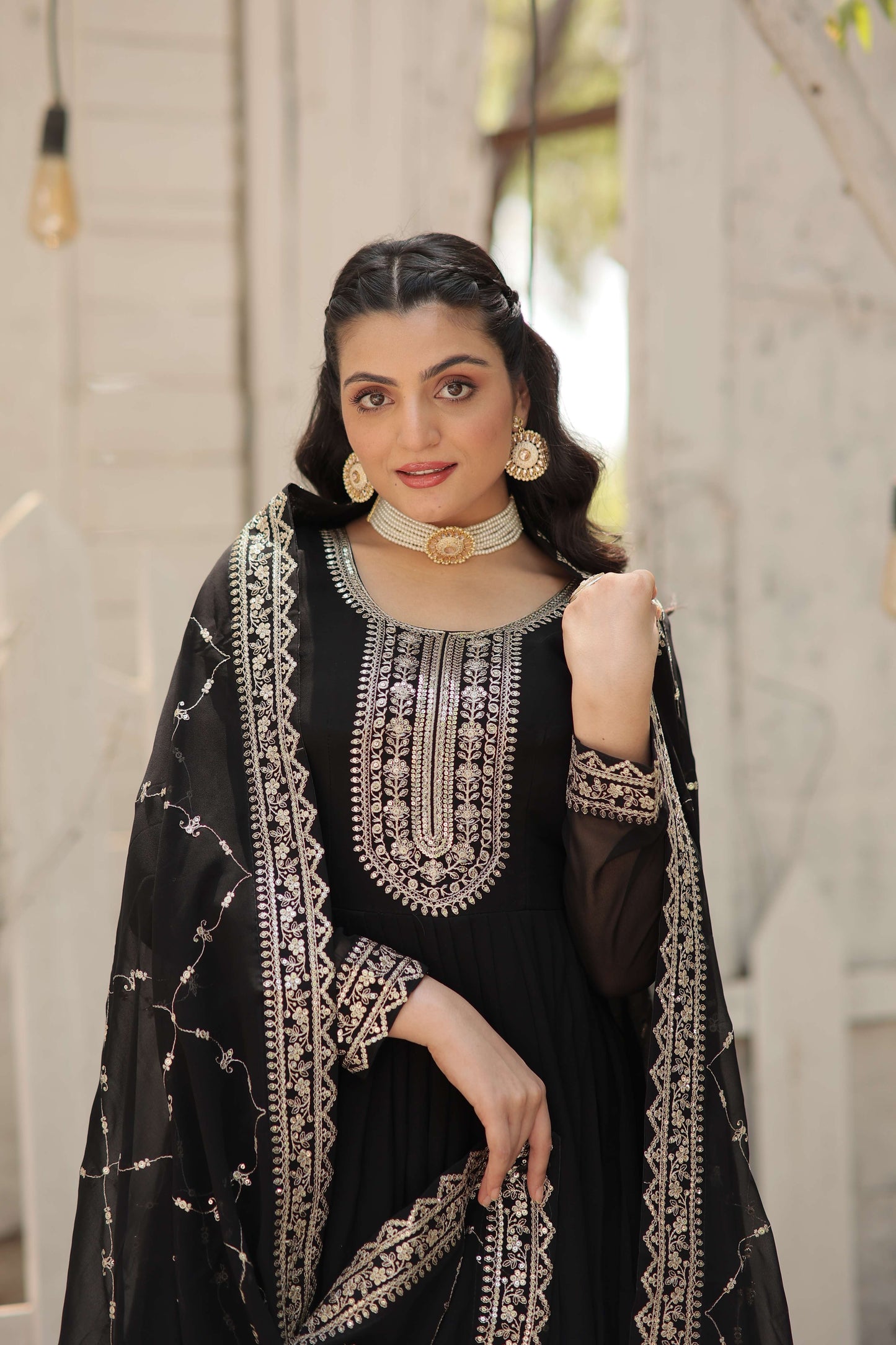Black Faux Blooming Sequins Embroidered Gown with Matching Dupatta  Festive & Party Wear 2024