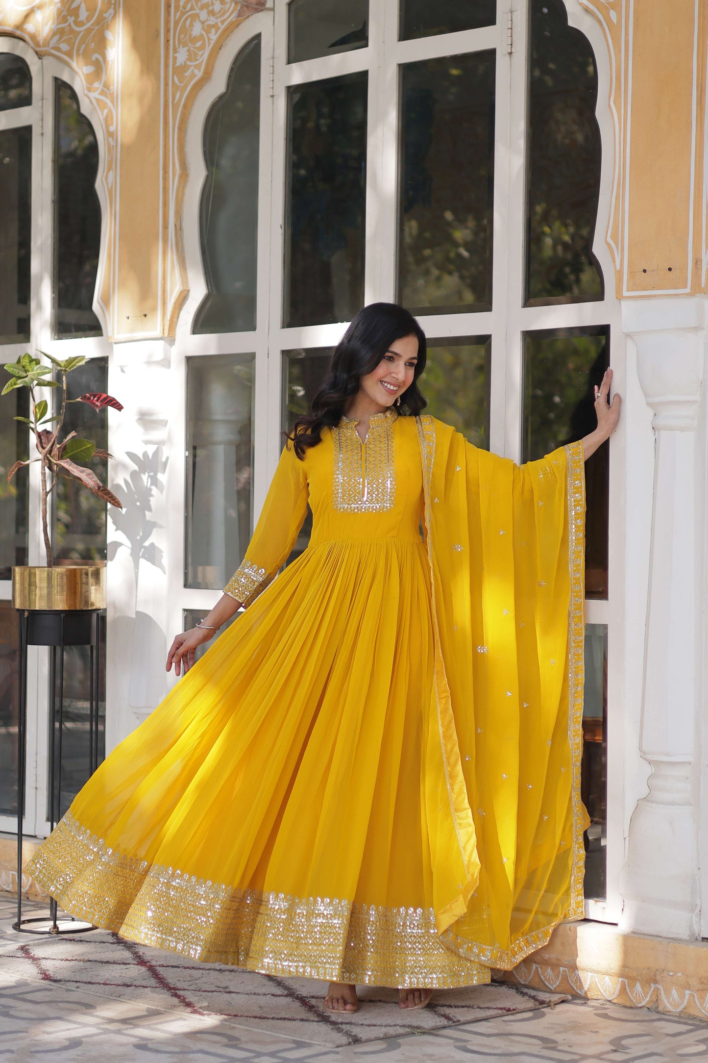 Yellow Faux Blooming Georgette Sequins Embroidered Gown with Matching Dupatta
