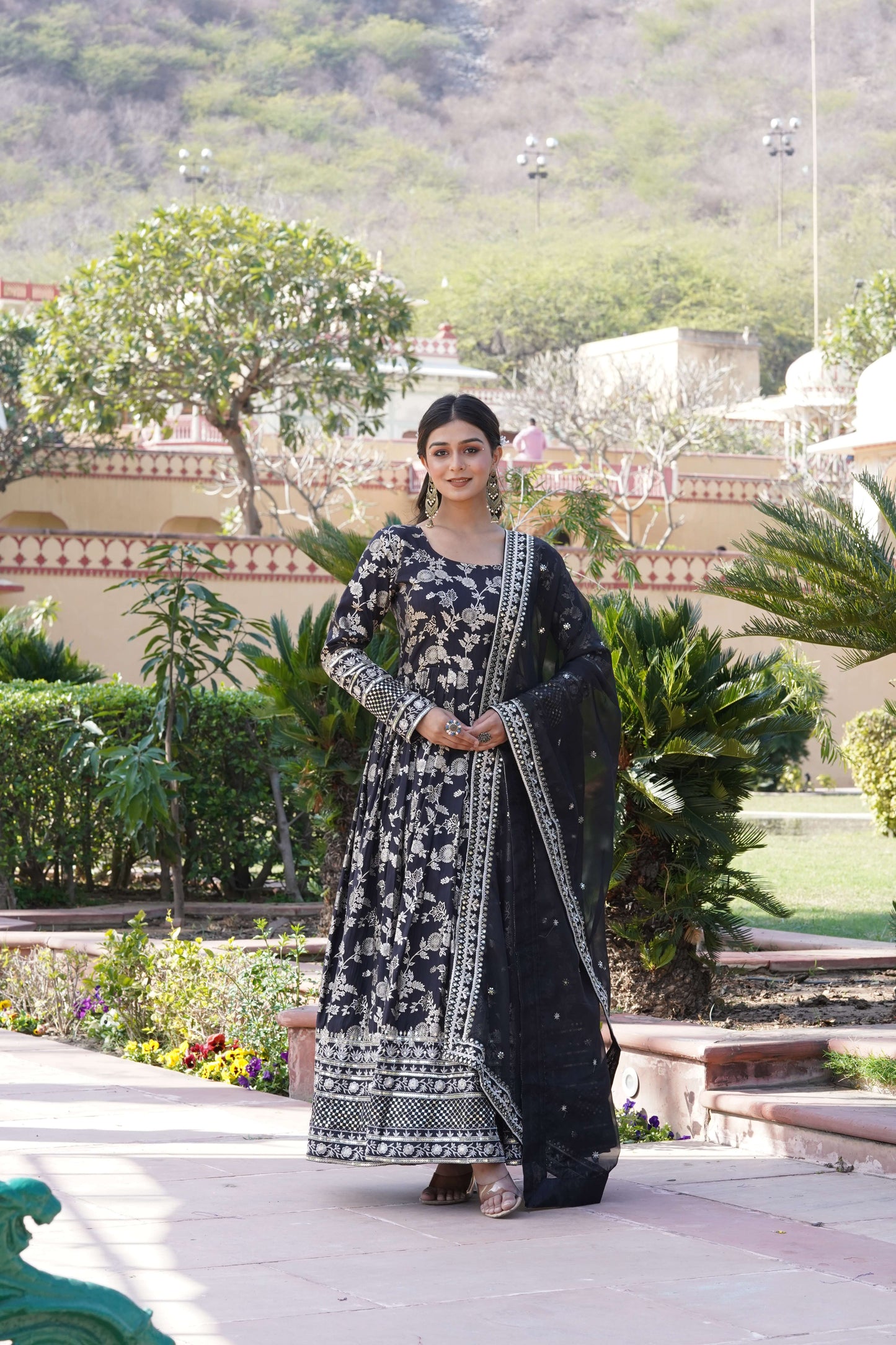 Black Viscose Dyable Jacquard Gown with Russian Silk Sequined Dupatta  Elegant Party & Wedding Set