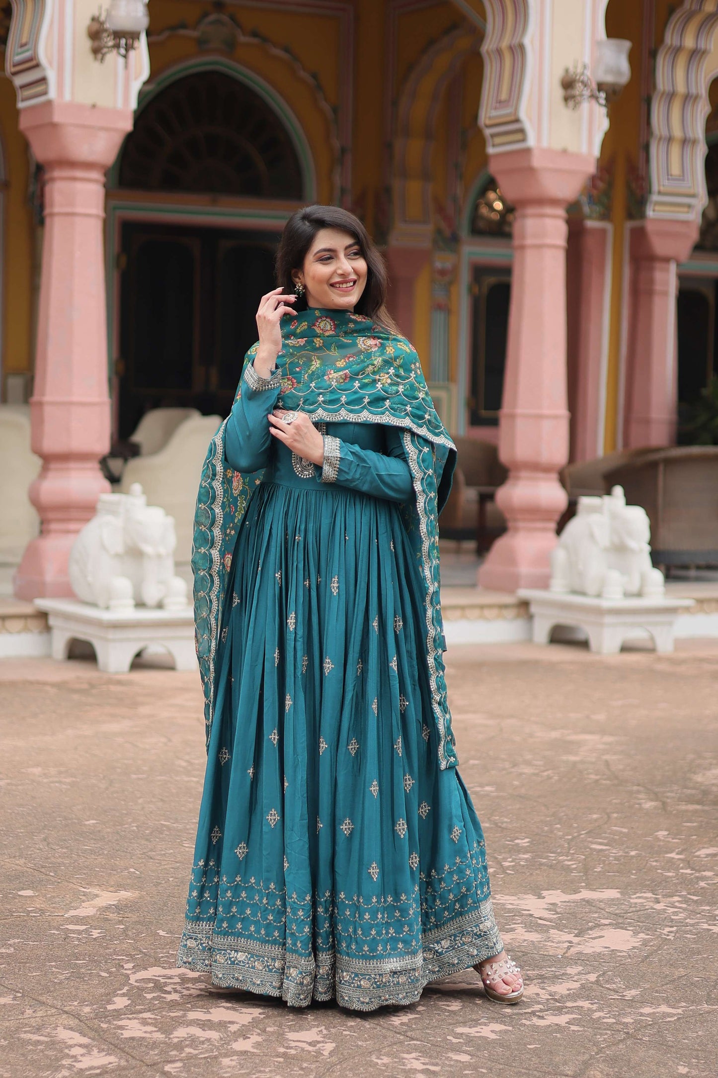 Rama Designer Chinon Sequins Embroidered Gown with Kalamkari Silk Dupatta