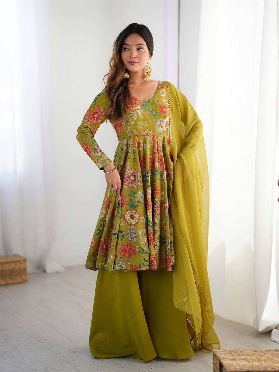 Women's Pure Romansilk Chanderi Printed Anarkali Kurti With Palazzo & Dupatta Set