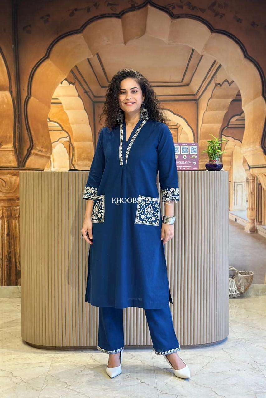 Women's Cotton Embroidery Straight Kurti With Pant Set