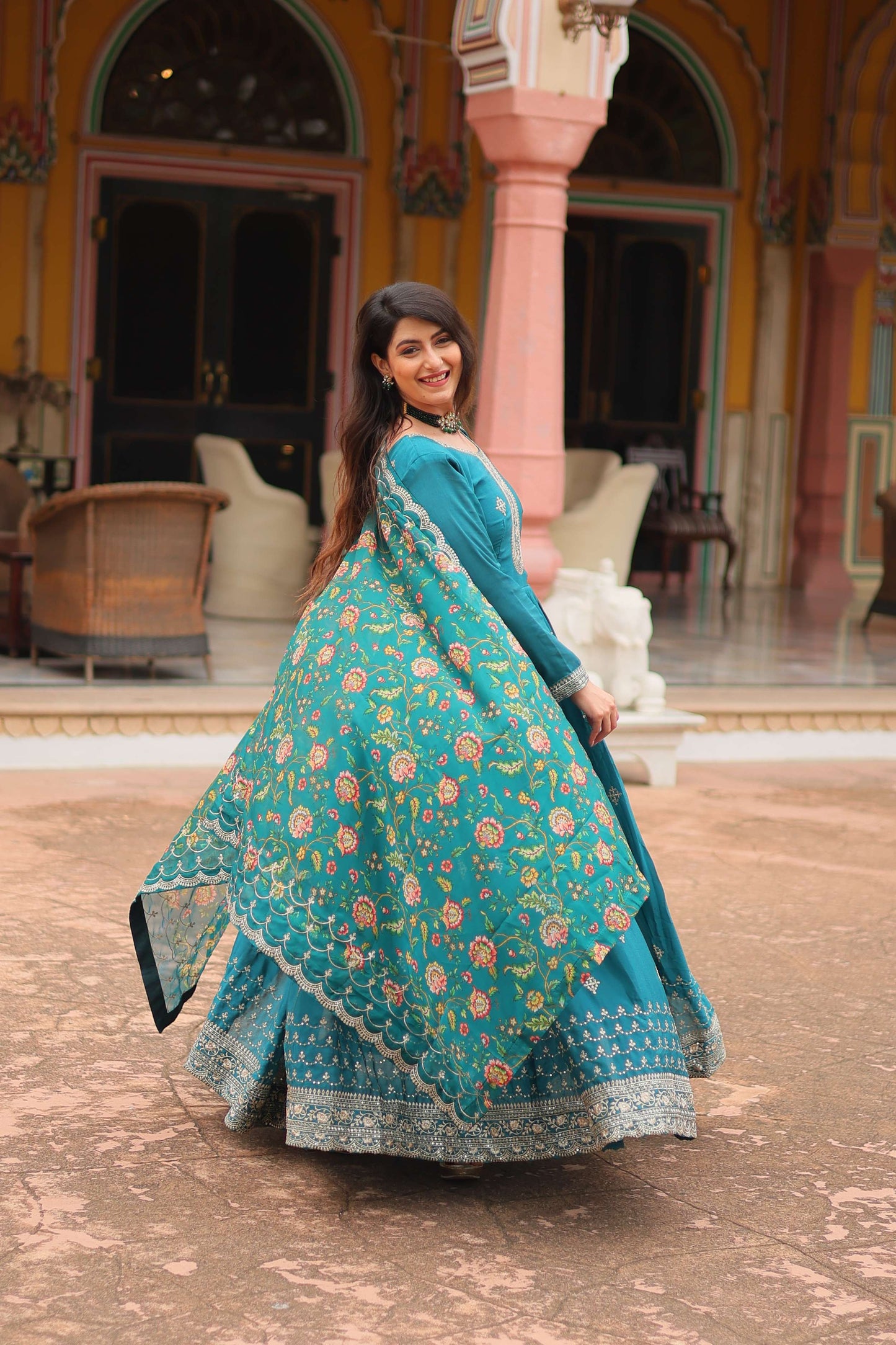 Rama Designer Chinon Sequins Embroidered Gown with Kalamkari Silk Dupatta