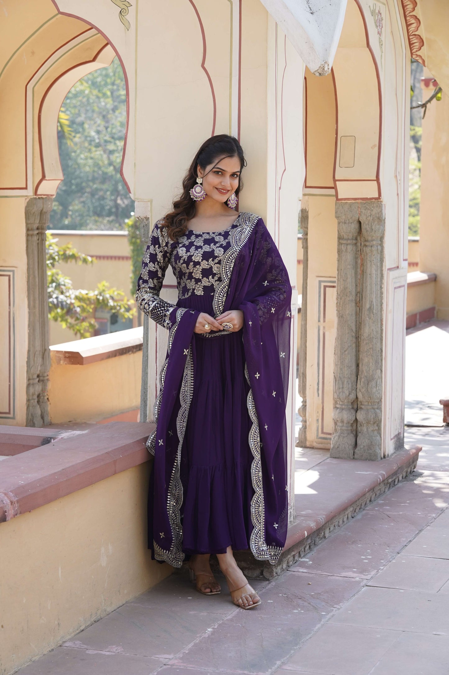 Purple Faux Blooming Designer Gown with Sequined Dupatta  Elegant Fully Flared Ready-to-Wear Set