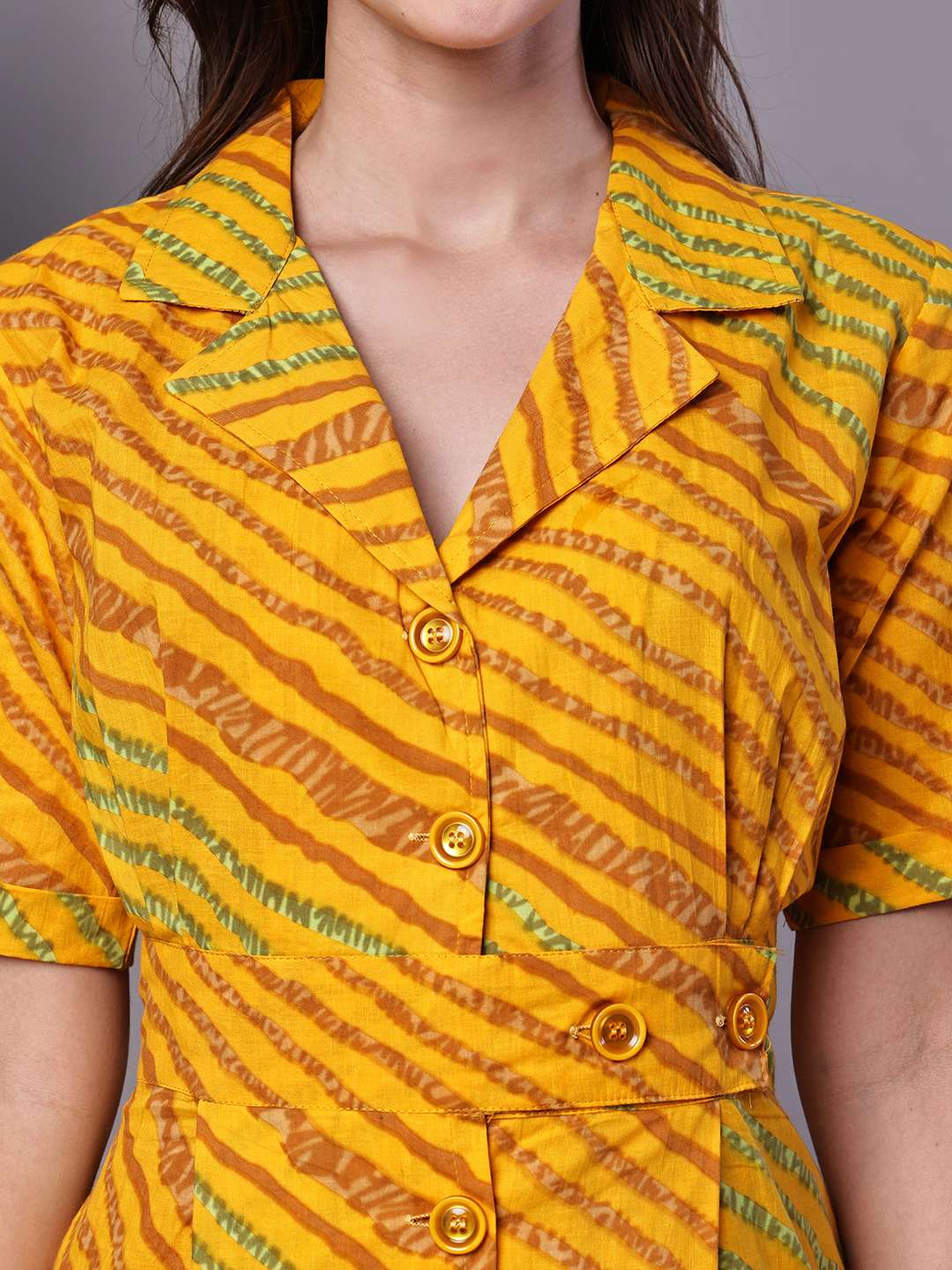 Women's Yellow Printed Cotton Shirt Dress