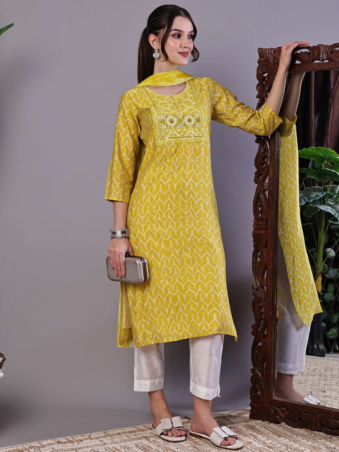 Women's Mustard Yellow Chevron Print Chanderi Kurta Set with Mirror Work Suit Sets