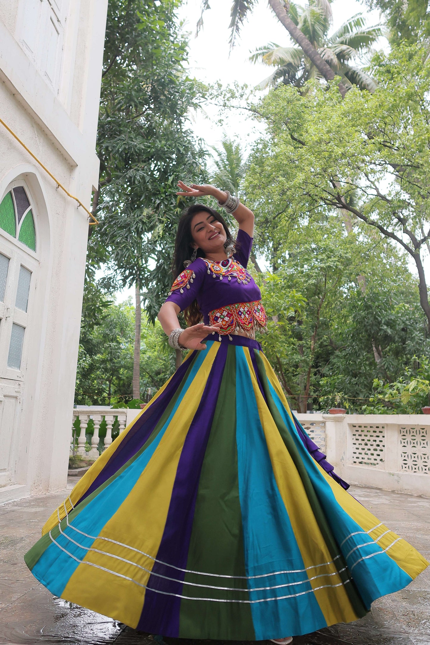 Multicolor Roman Fabric Navratri Lehenga Choli Set with Mirror & Gota Lace
