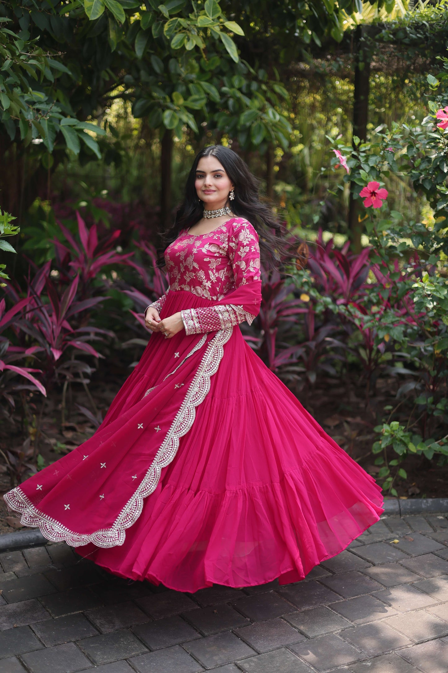 Pink Faux Blooming Designer Gown with Sequined Dupatta  Elegant Fully Flared Ready-to-Wear Set