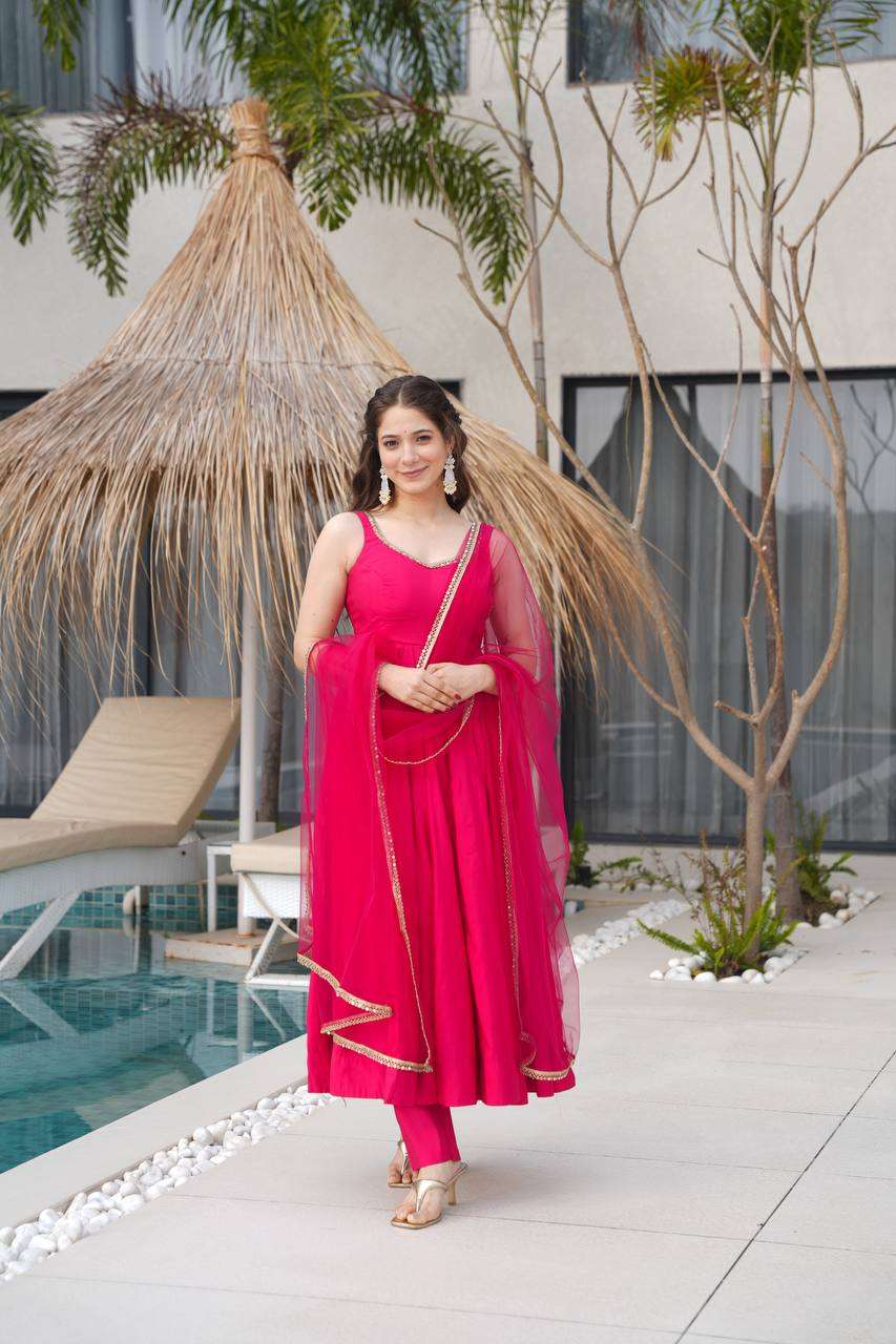 Womens Pure Romansilk Chanderi Anarkali Kurti with Pant & Dupatta Set