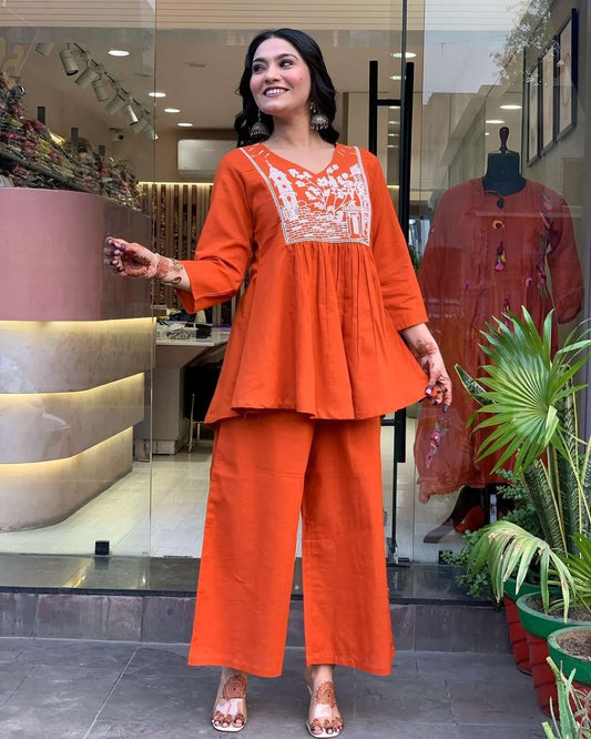 Women's Cotton Embroidered Flared Kurta With Pant Set