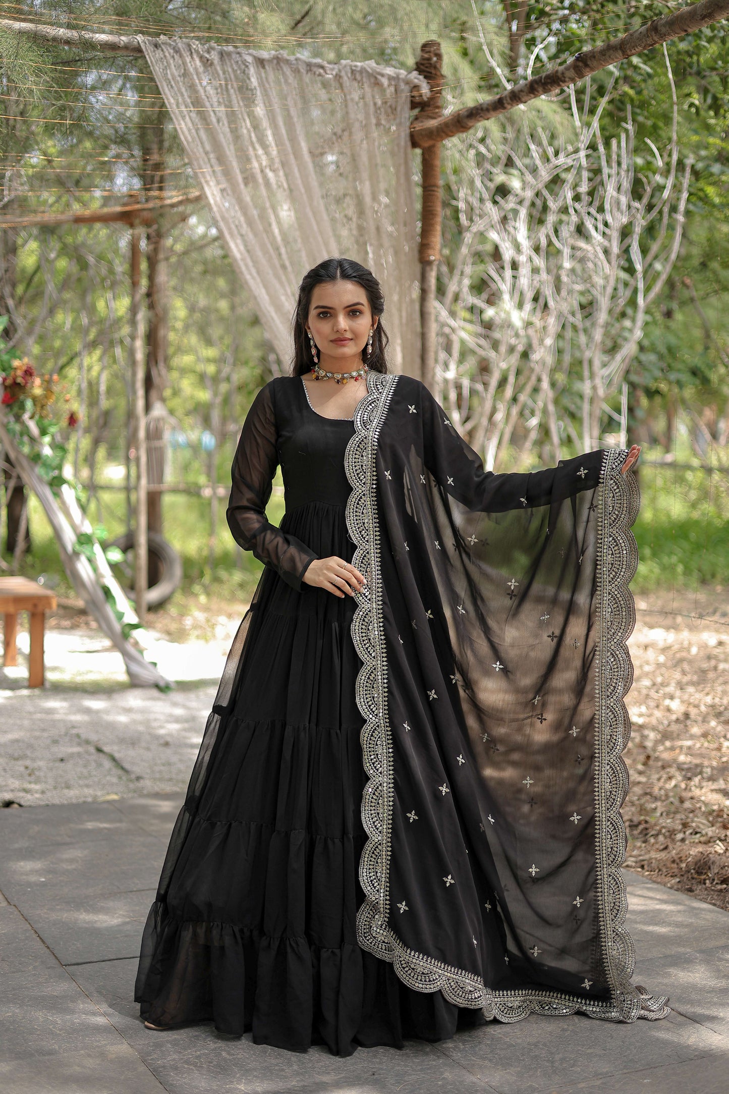 Black Premium Faux Georgette Designer Gown with Sequined Dupatta  Fully Flaired Ready-to-Wear Set