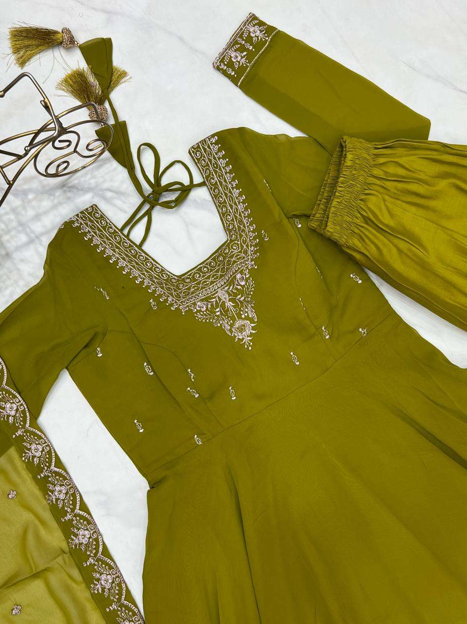 Womens Crunchy Silk Anarkali Kurti with Pant & Dupatta Set
