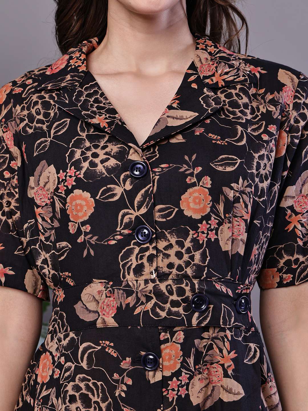 Women's Chic Black & Rust Floral Print Button-Front Midi Dress