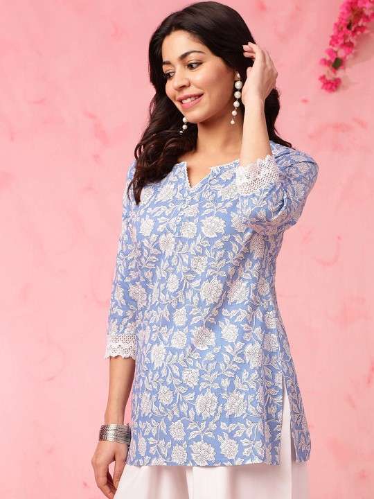 Women's Rayon Floral Printed Straight Short Kurti Set