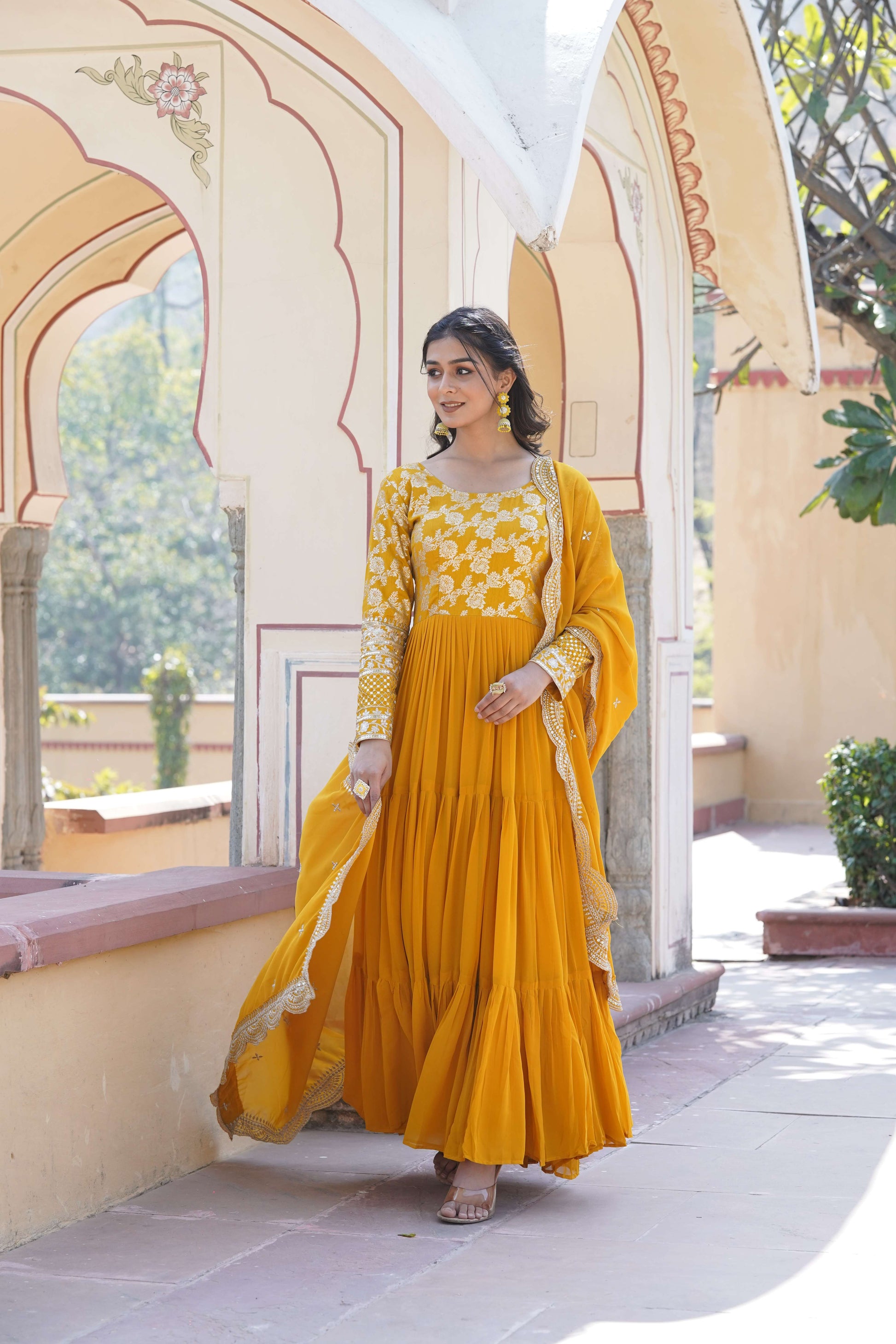 Yellow Faux Blooming Designer Gown with Sequined Dupatta  Elegant Fully Flared Ready-to-Wear Set