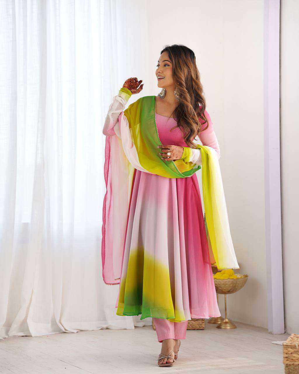 Women's Pure Romansilk Chanderi Tie-Dye Anarkali Kurti Pant With Dupatta Set
