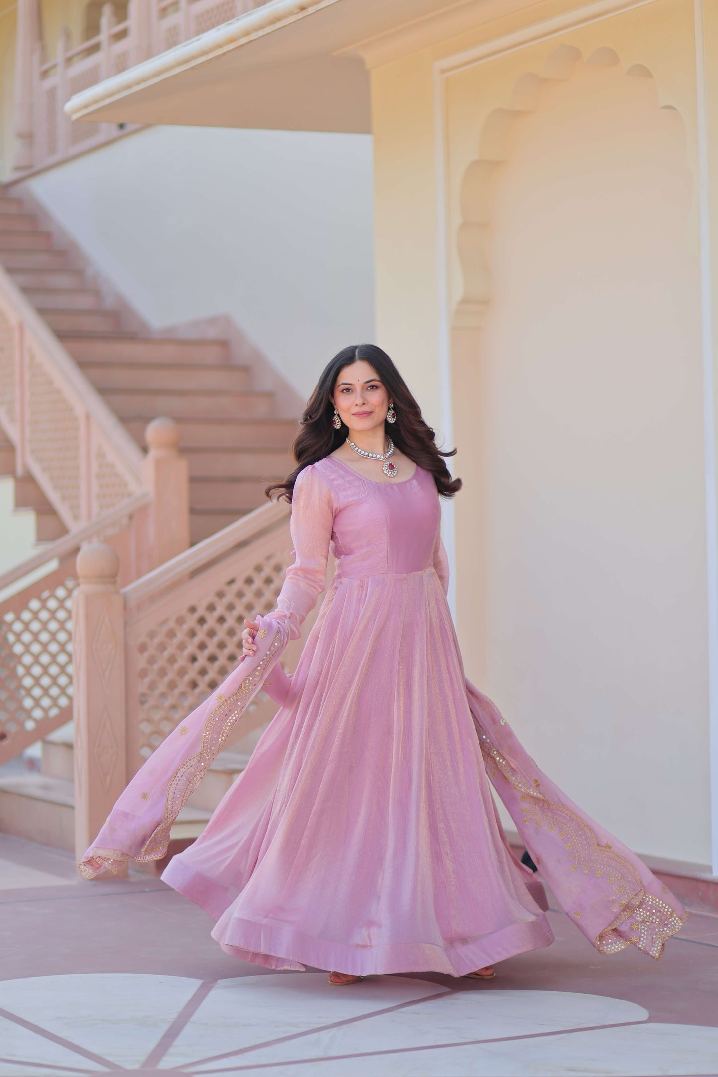 Pink Premium Fendy Chiffon Gown with Sequins & Zari Embroidered Dupatta – Elegant Partywear