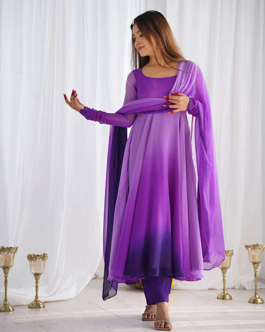 Women's Pure Romansilk Chanderi Tie-Dye Anarkali Kurti Pant With Dupatta Set
