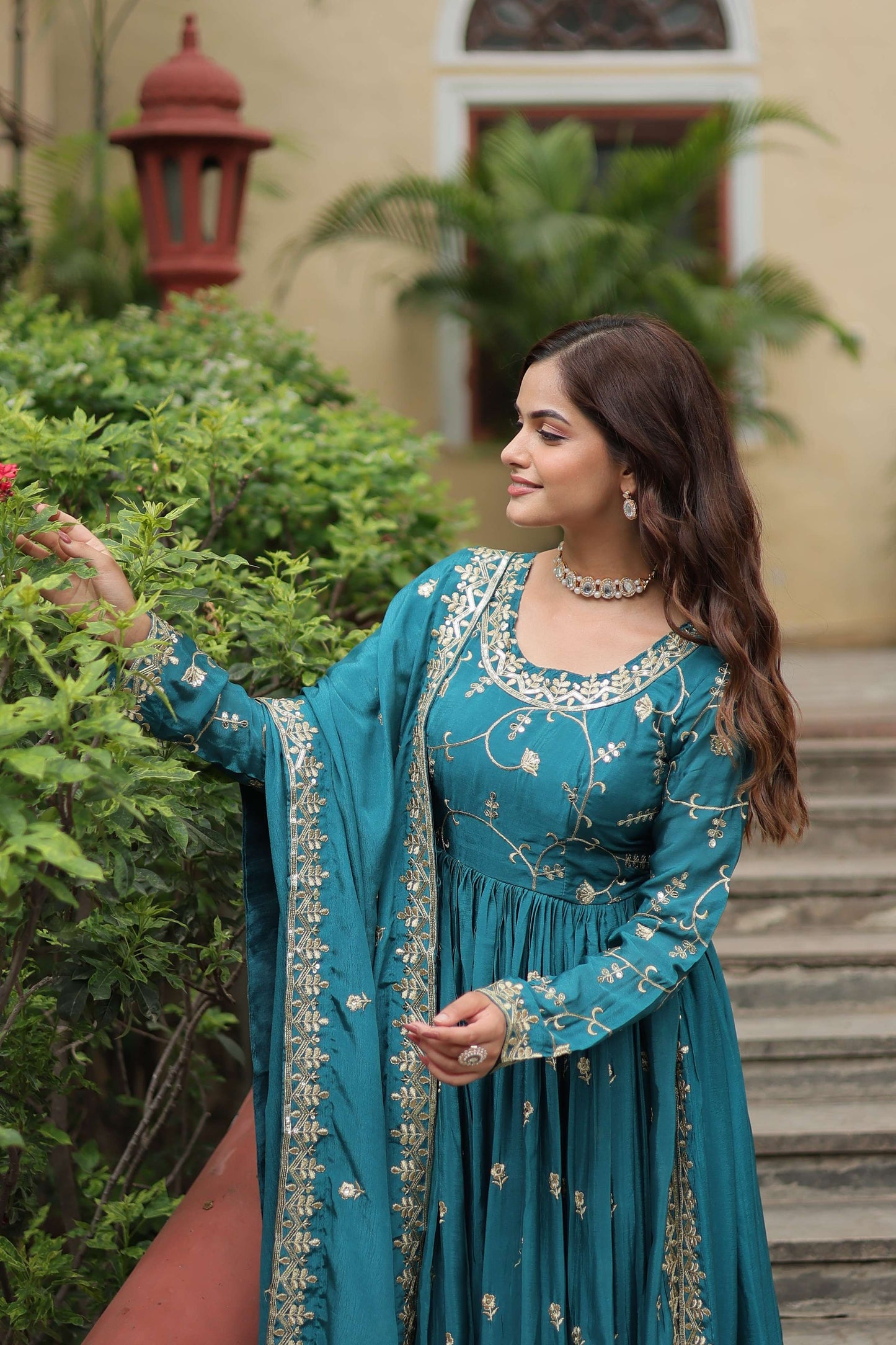 Blue Premium Chinon Sequins Embroidered Kurti with Sharara & Dupatta Set