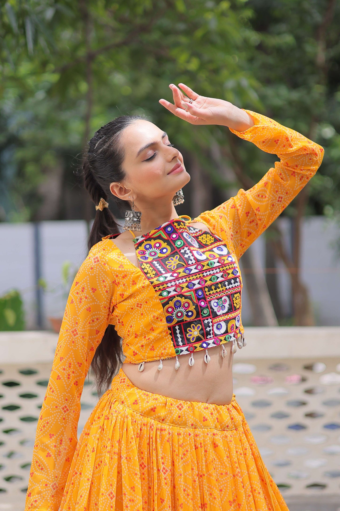 Faux Georgette Bandhej Frilled Navratri Lehenga Choli Set