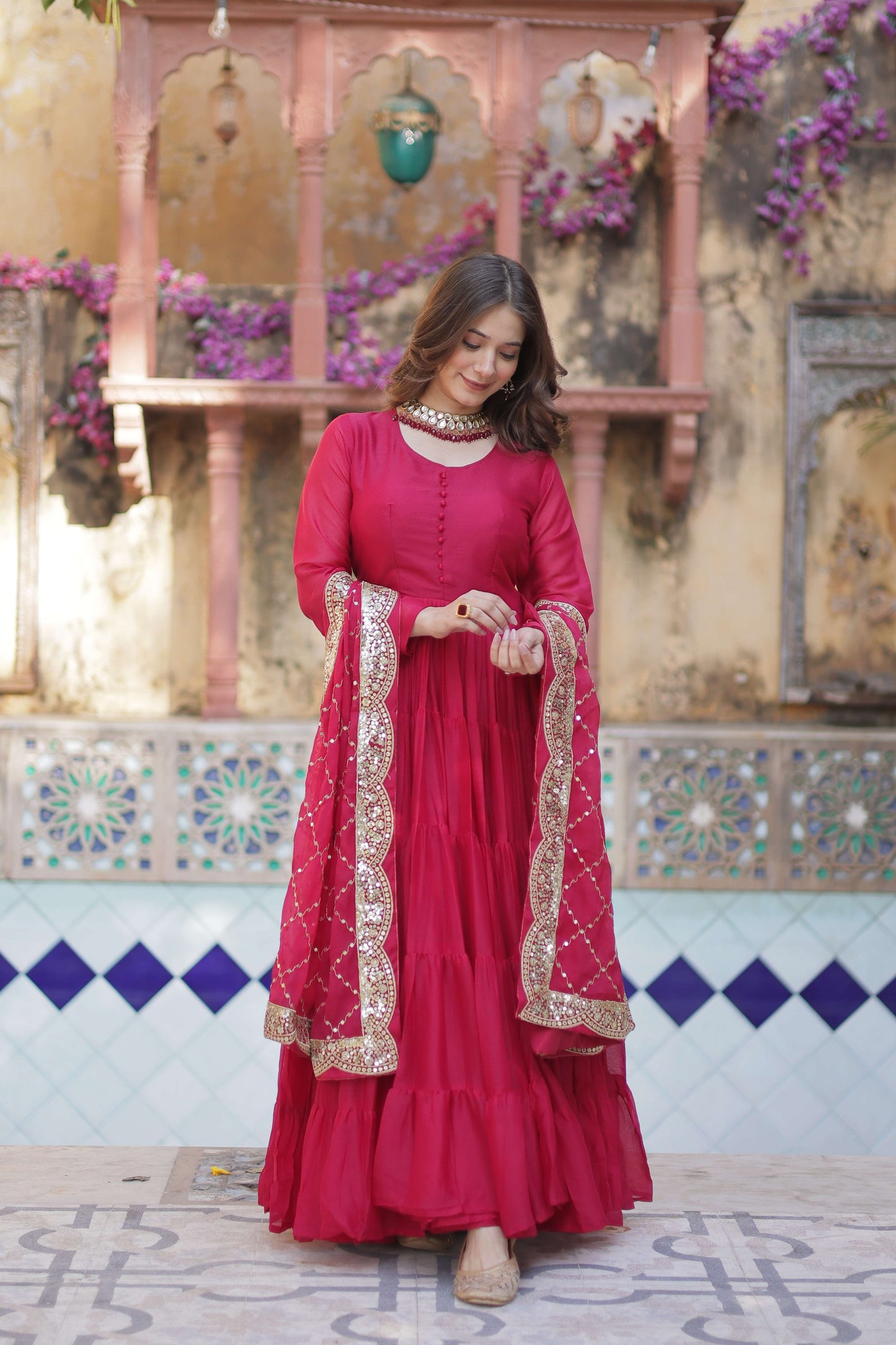 Pink Star Georgette Fully Flared Gown with Sequins Embroidered Dupatta