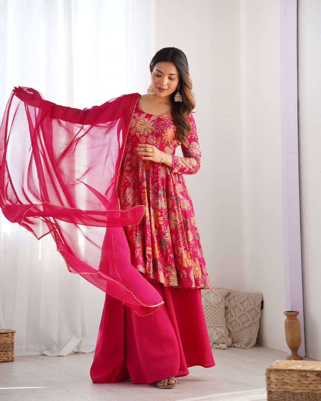 Women's Pure Romansilk Chanderi Printed Anarkali Kurti With Palazzo & Dupatta Set