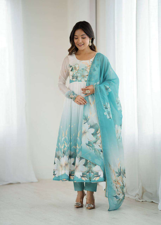 Womens Pure Romansilk Chanderi Floral Printed Anarkali Kurti With Dupatta & Pant Set