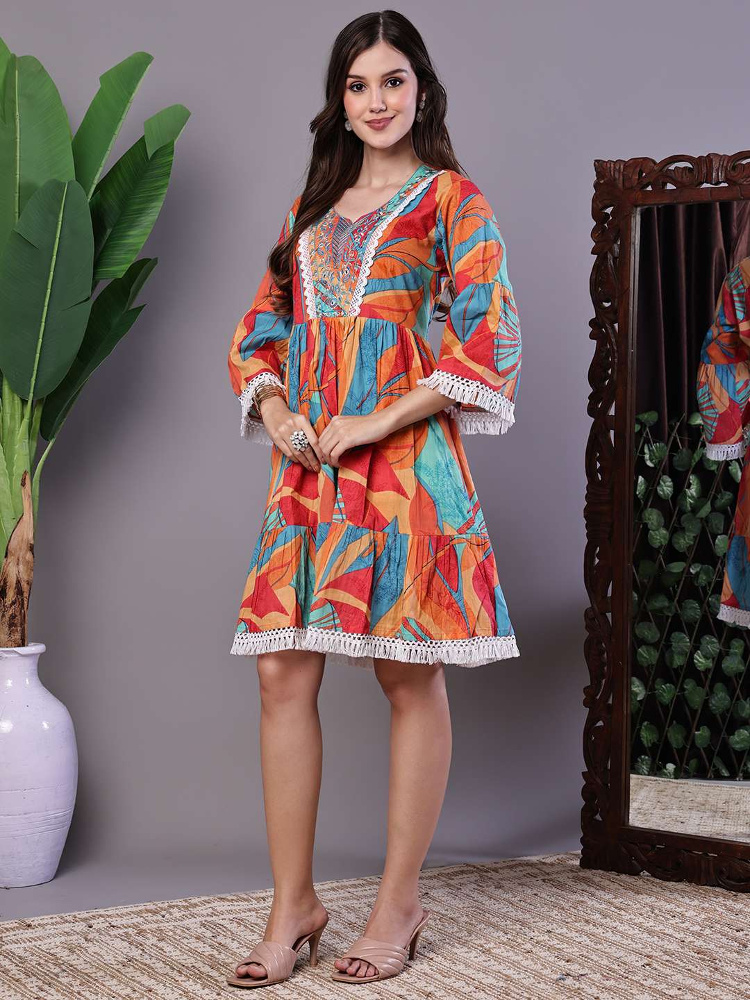 Wome's Vibrant Print Cotton Tunic Dress with Crochet Lace & Three-Quarter Sleeves Midi Dresses