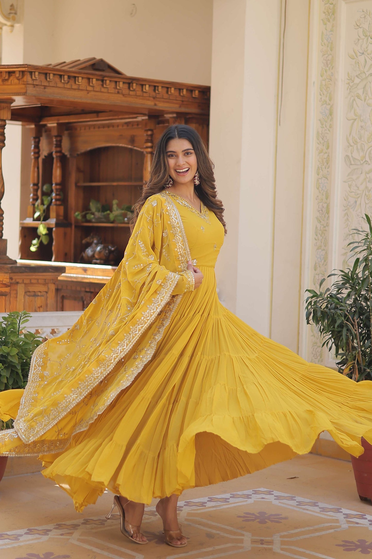 Yellow Faux Georgette Designer Gown with Sequined Dupatta  Fully Flared Elegant Party & Wedding Set