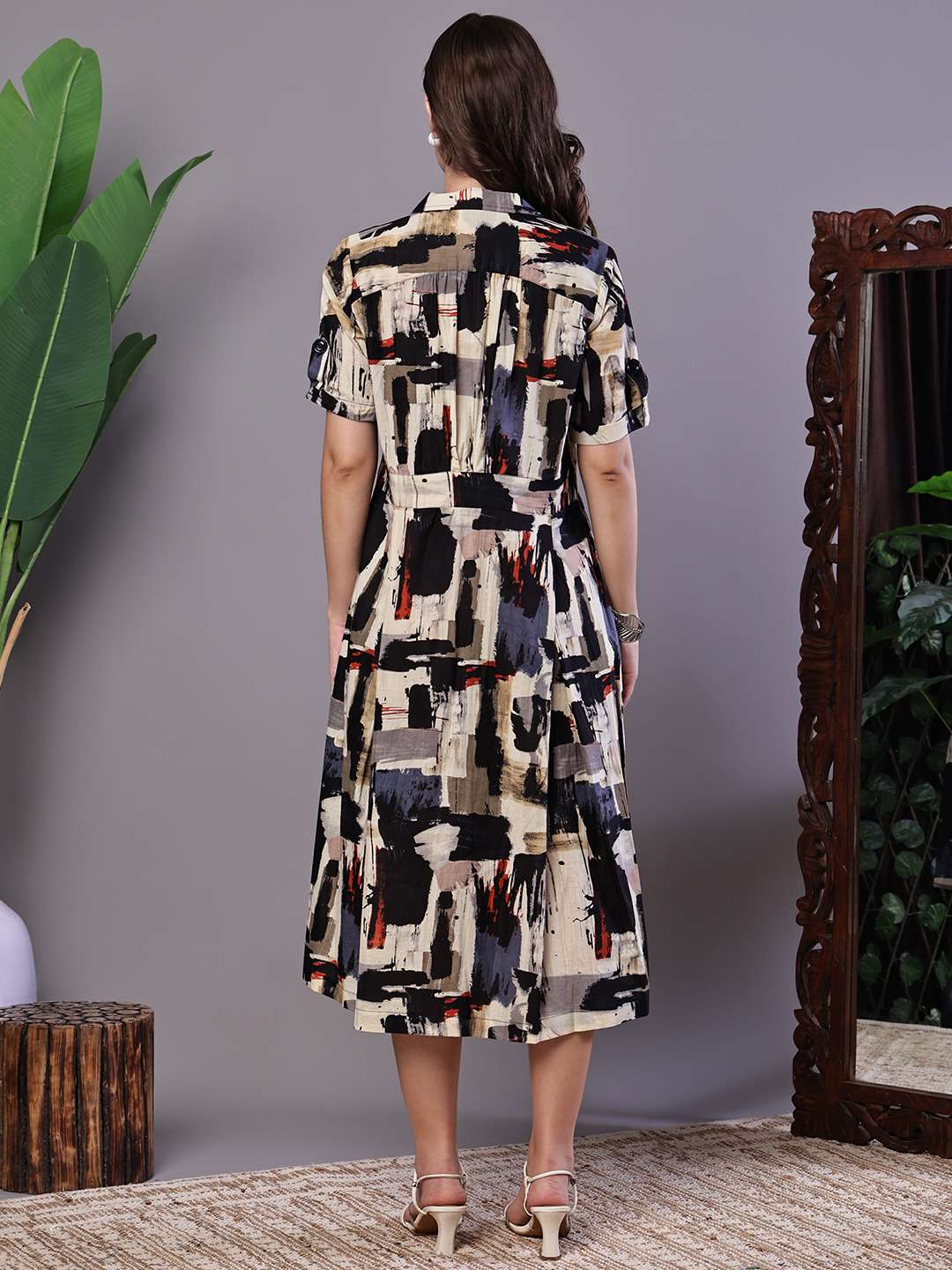 Women's Beige & Black Abstract Print Cotton Shirt Dress Midi Dresses