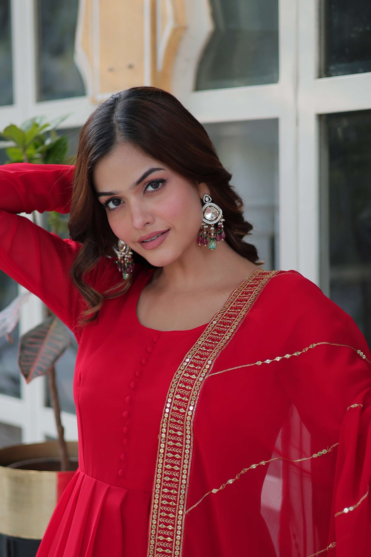 Red Faux Blooming Gown with Multi-Sequins Embroidered Dupatta