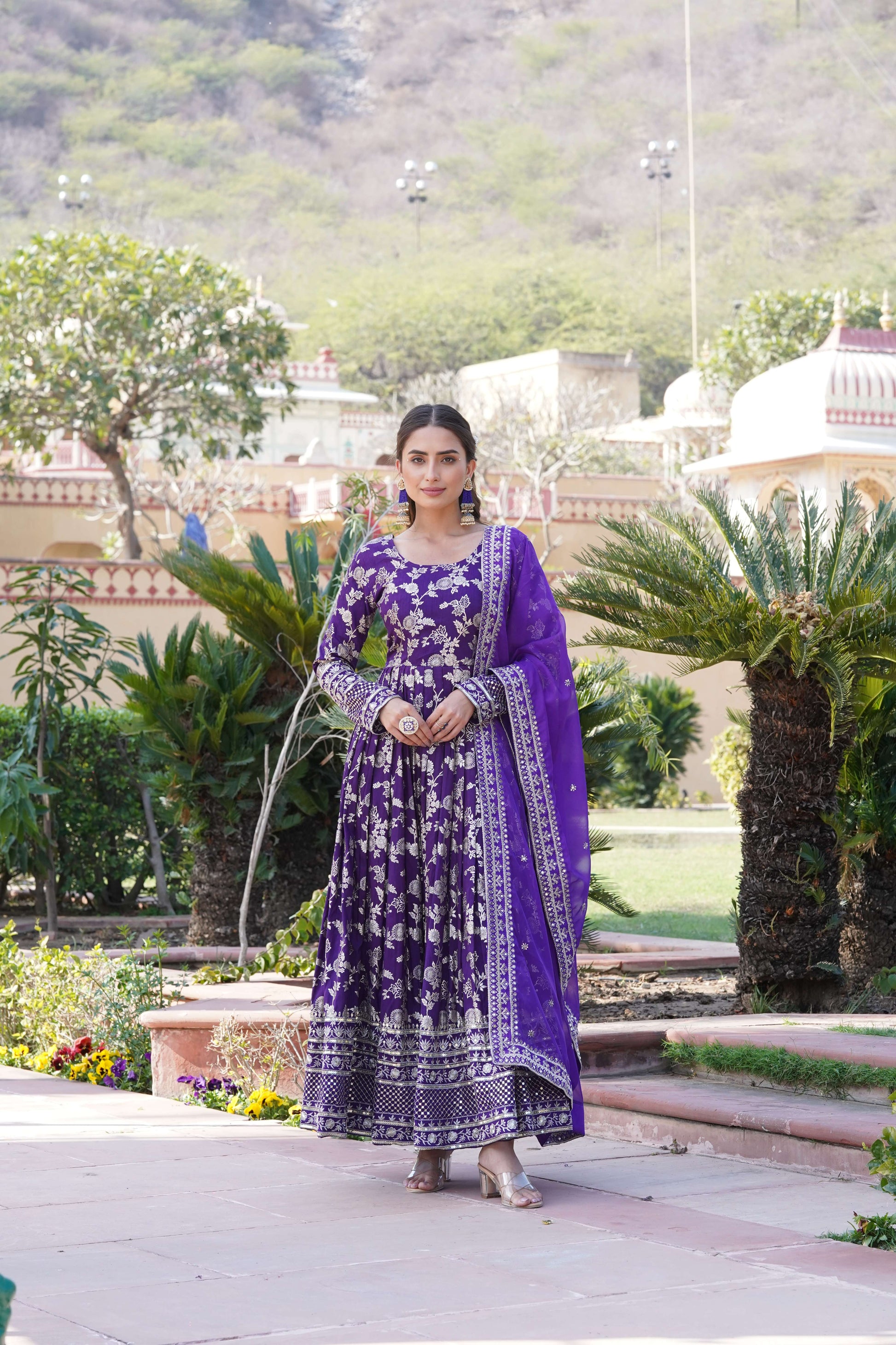 Purple Viscose Dyable Jacquard Gown with Russian Silk Sequined Dupatta  Elegant Party & Wedding Set