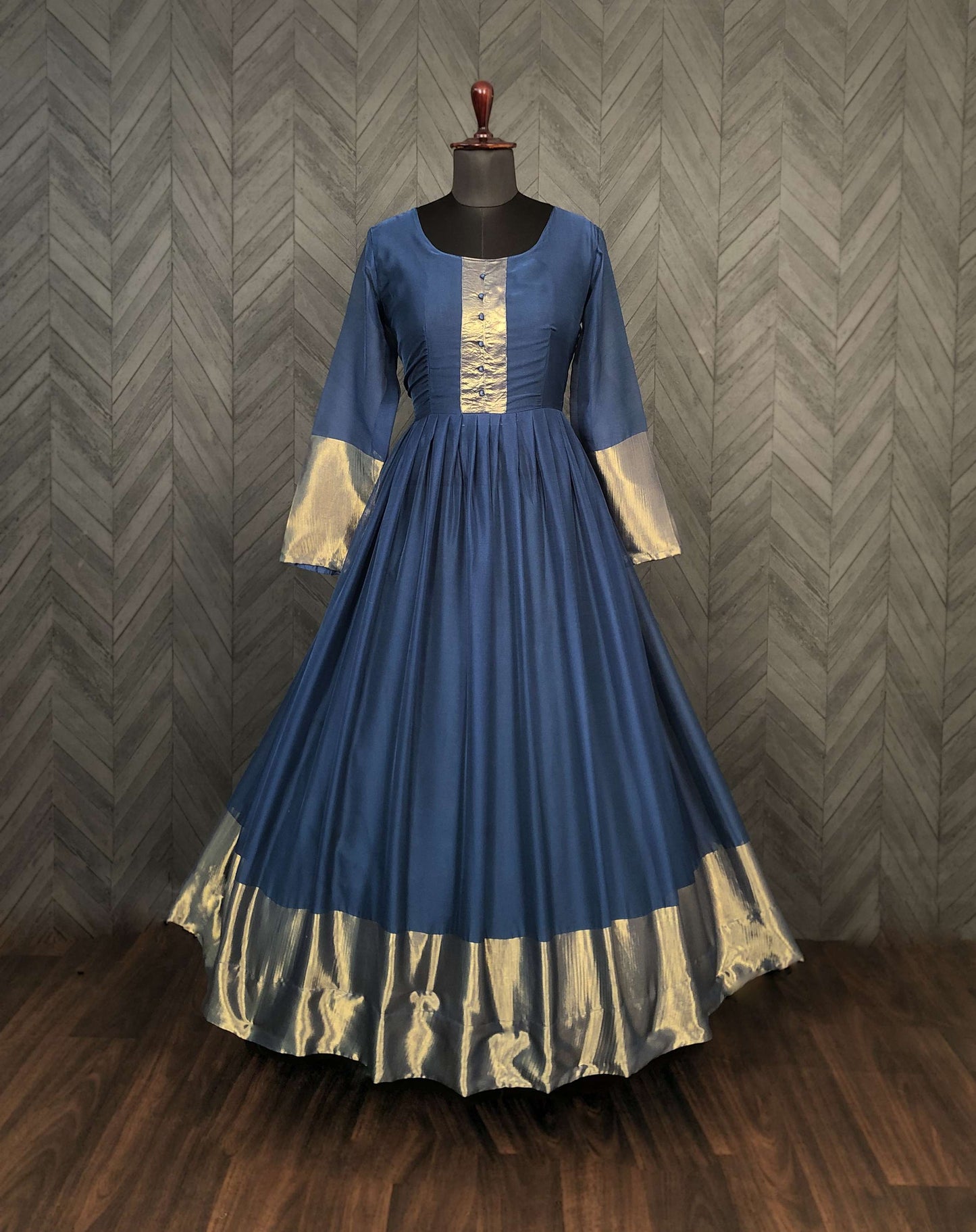 Rama Elegant Chiffon Designer Gown with Golden Zari Patta  Premium Ready-to-Wear Dress