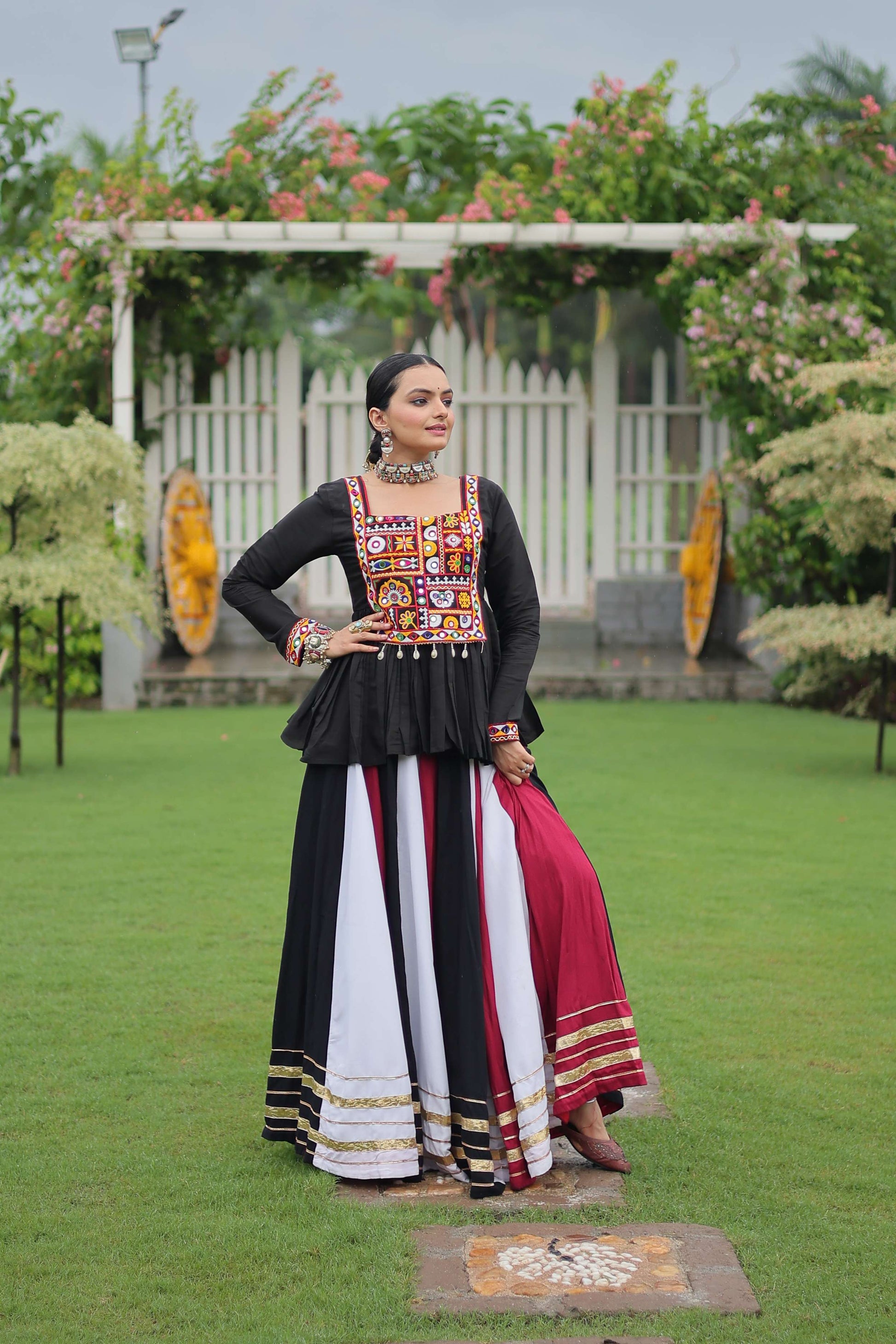Multicolor Navratri Lehenga Choli Set with Black Peplum Top