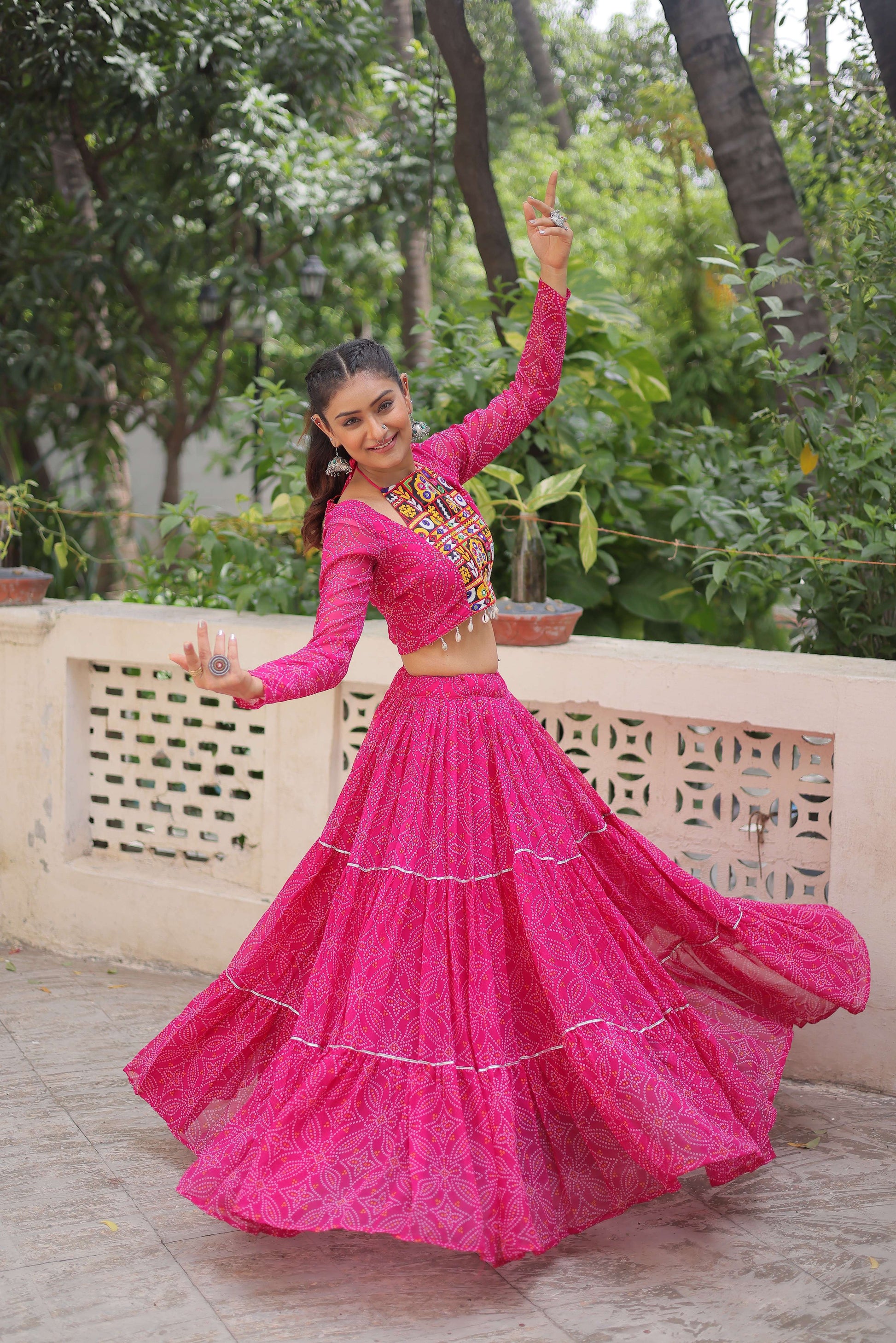 Faux Georgette Bandhej Frilled Navratri Lehenga Choli Set